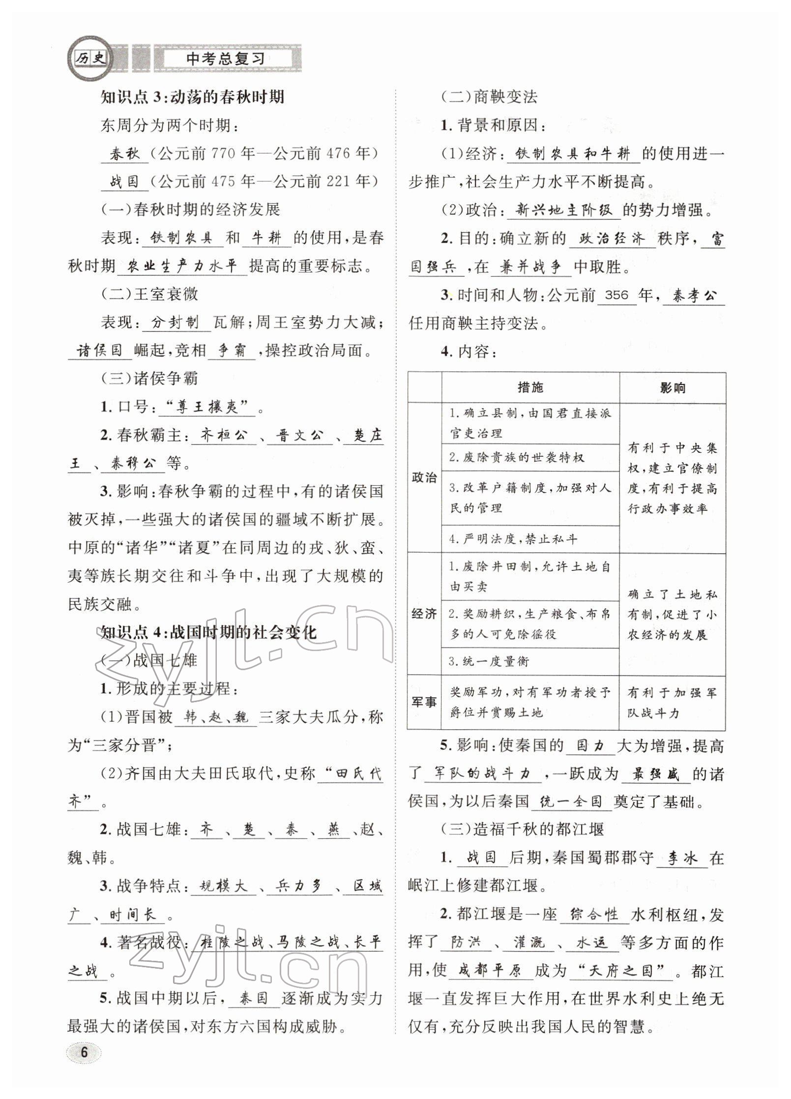 2022年中考總復(fù)習(xí)長(zhǎng)江出版社歷史 參考答案第6頁(yè)