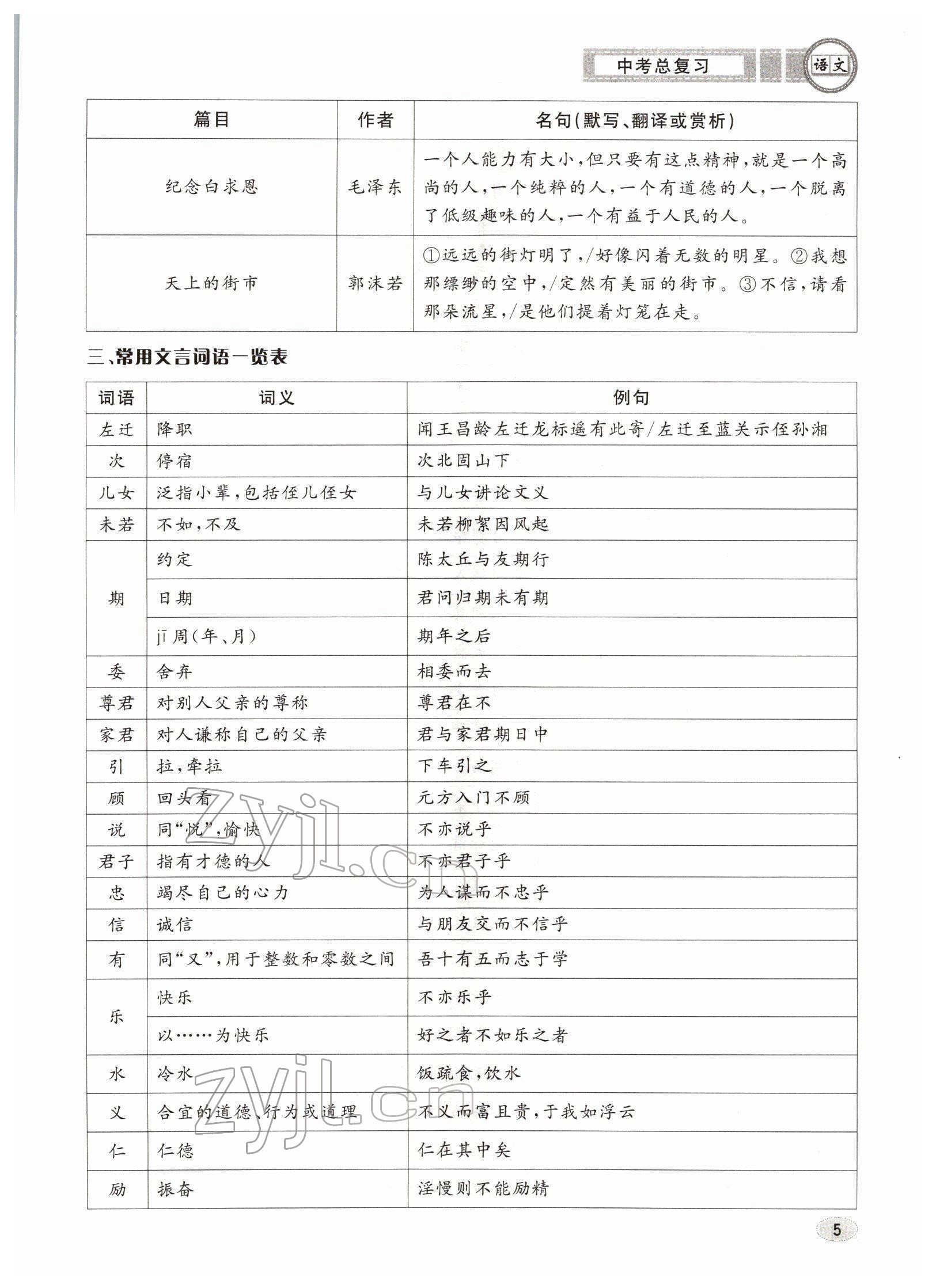 2022年中考總復(fù)習長江出版社語文 參考答案第5頁