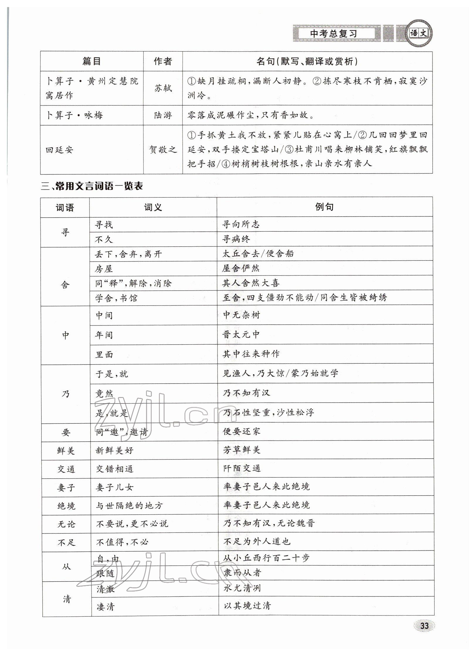 2022年中考總復習長江出版社語文 參考答案第33頁