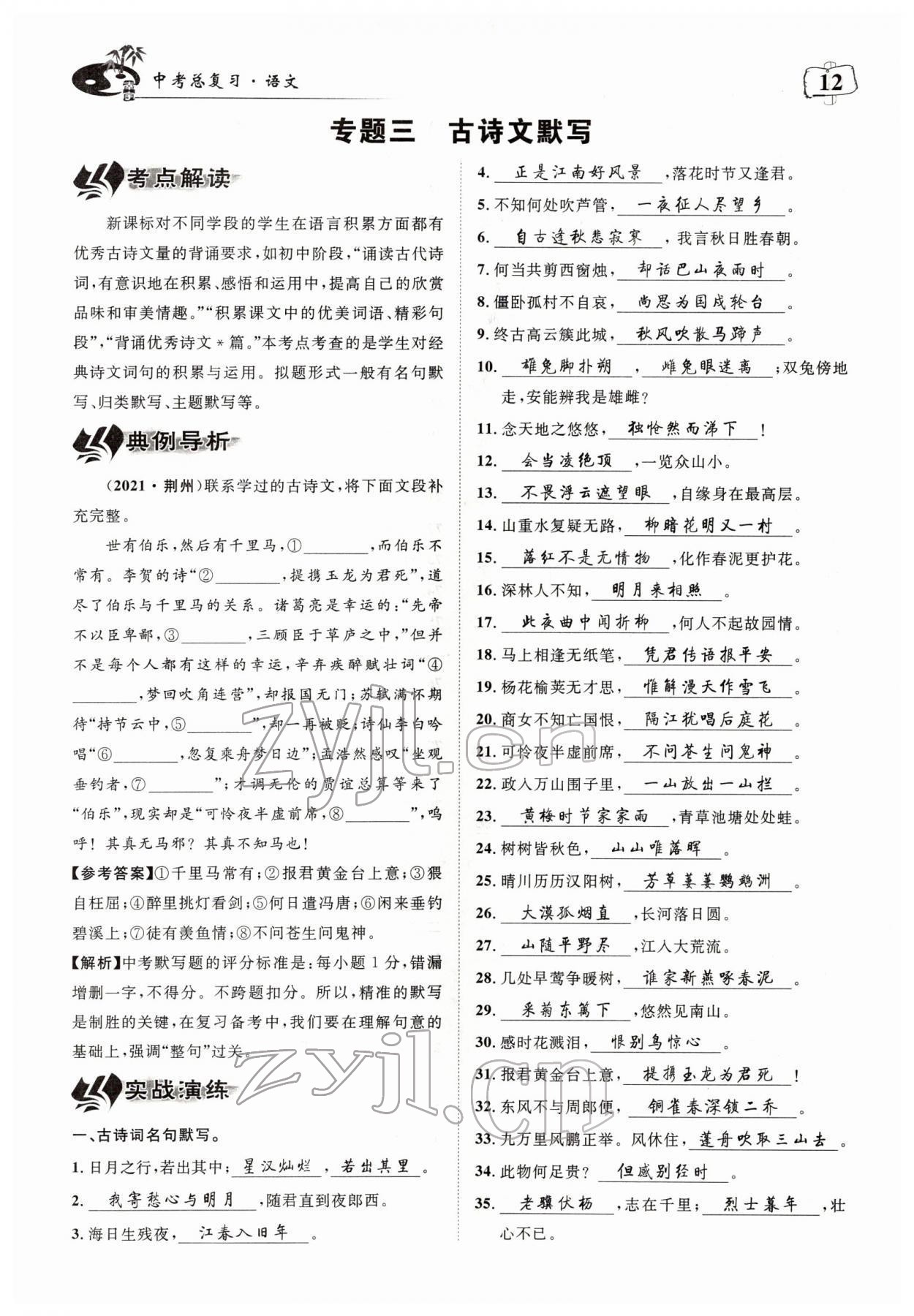 2022年荊州中考中考復習指南語文中考荊州專版 參考答案第12頁