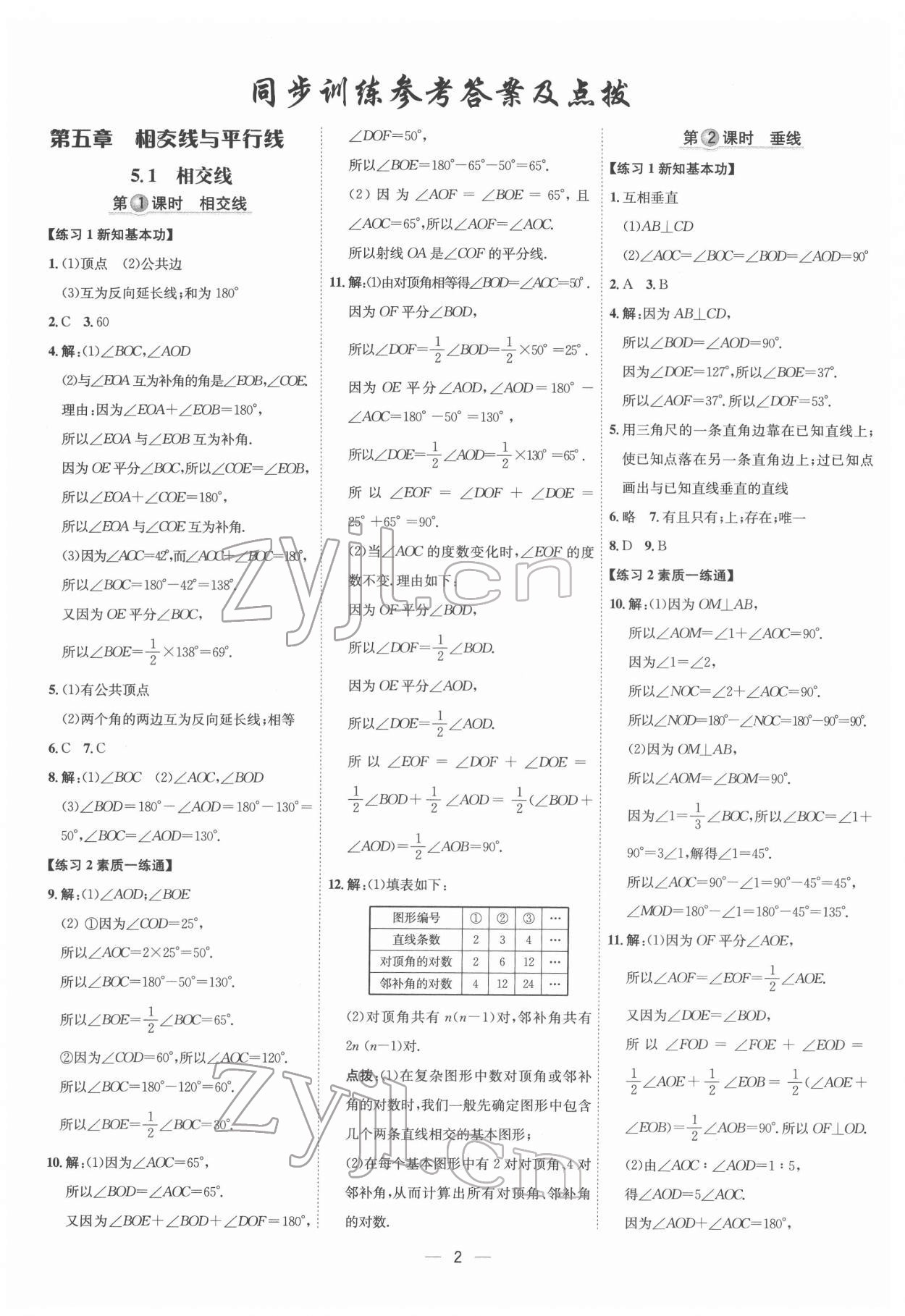 2022年點撥訓(xùn)練七年級數(shù)學(xué)下冊人教版 參考答案第1頁