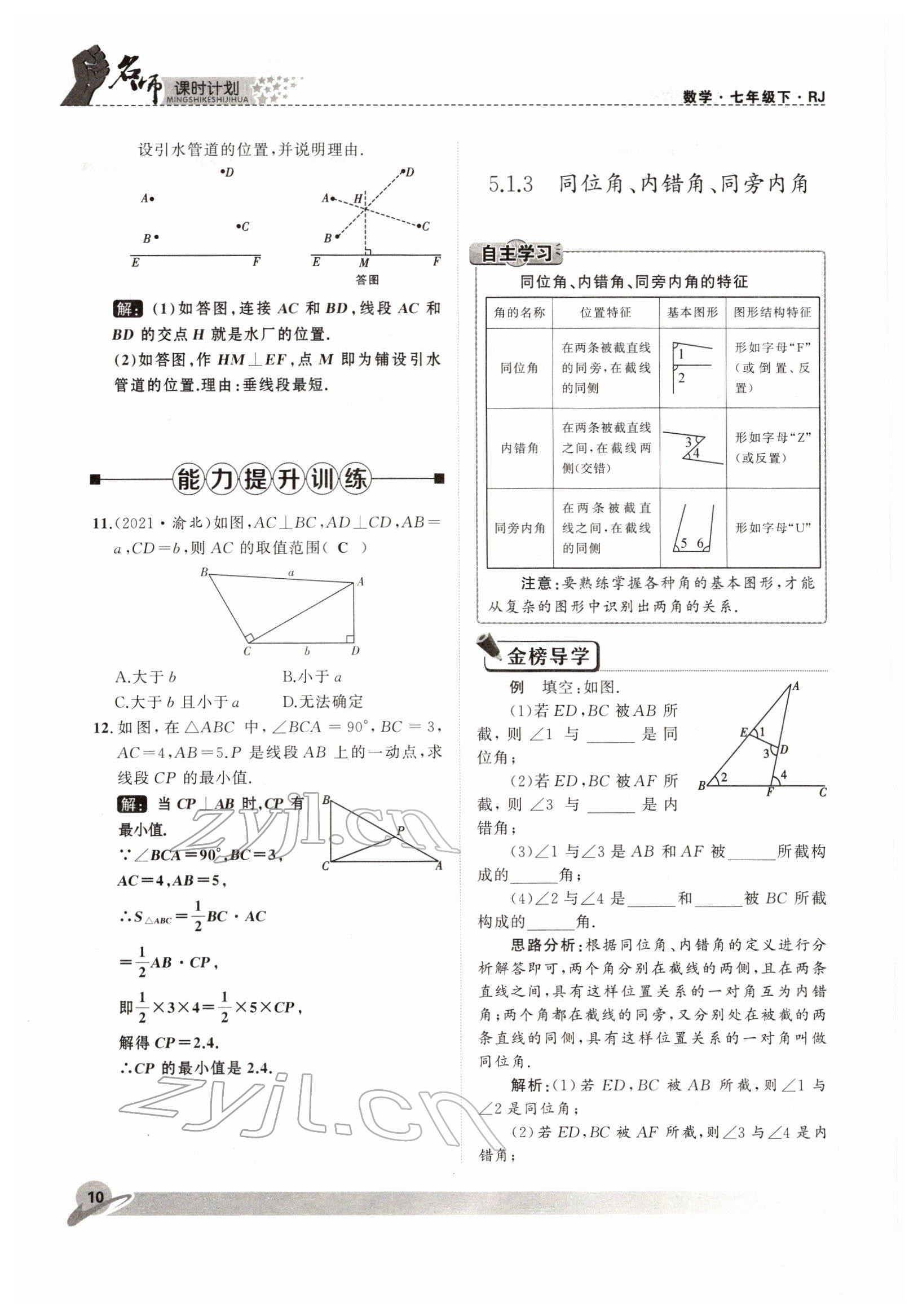 2022年名师课时计划七年级数学下册人教版 参考答案第10页