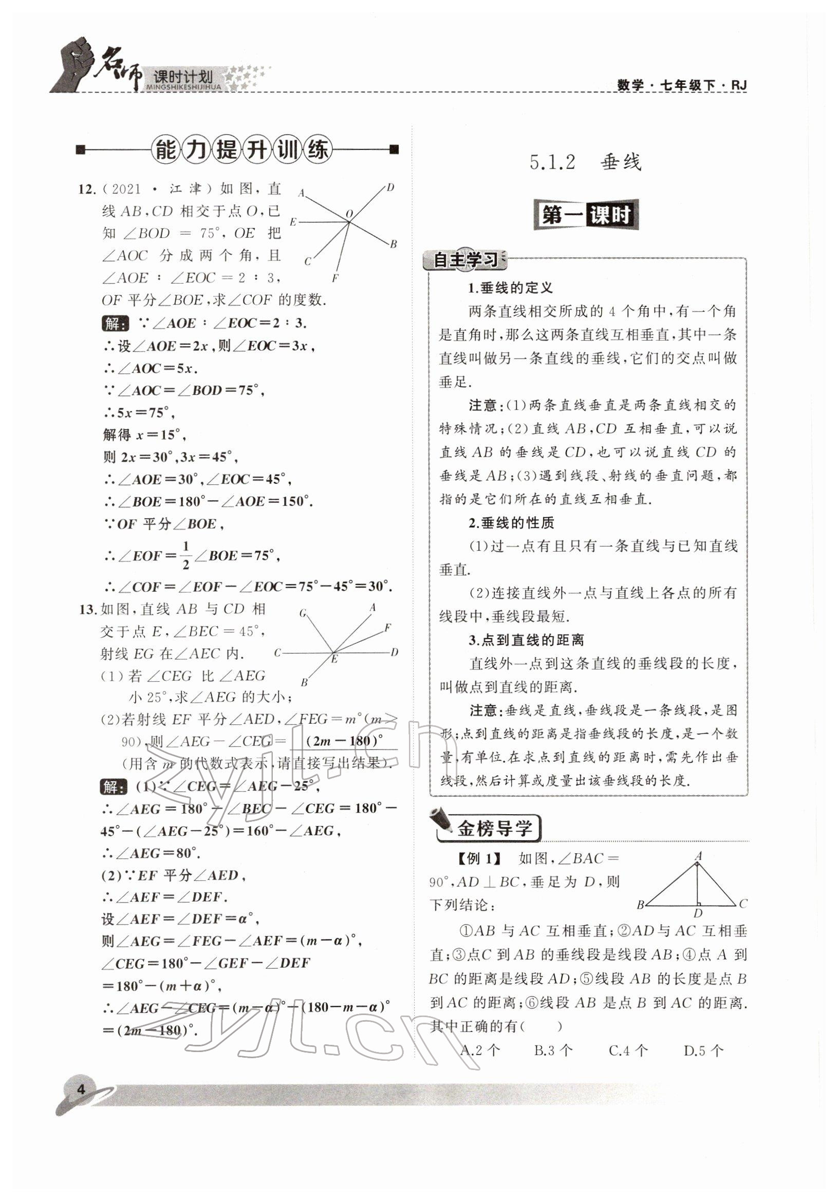 2022年名师课时计划七年级数学下册人教版 参考答案第4页