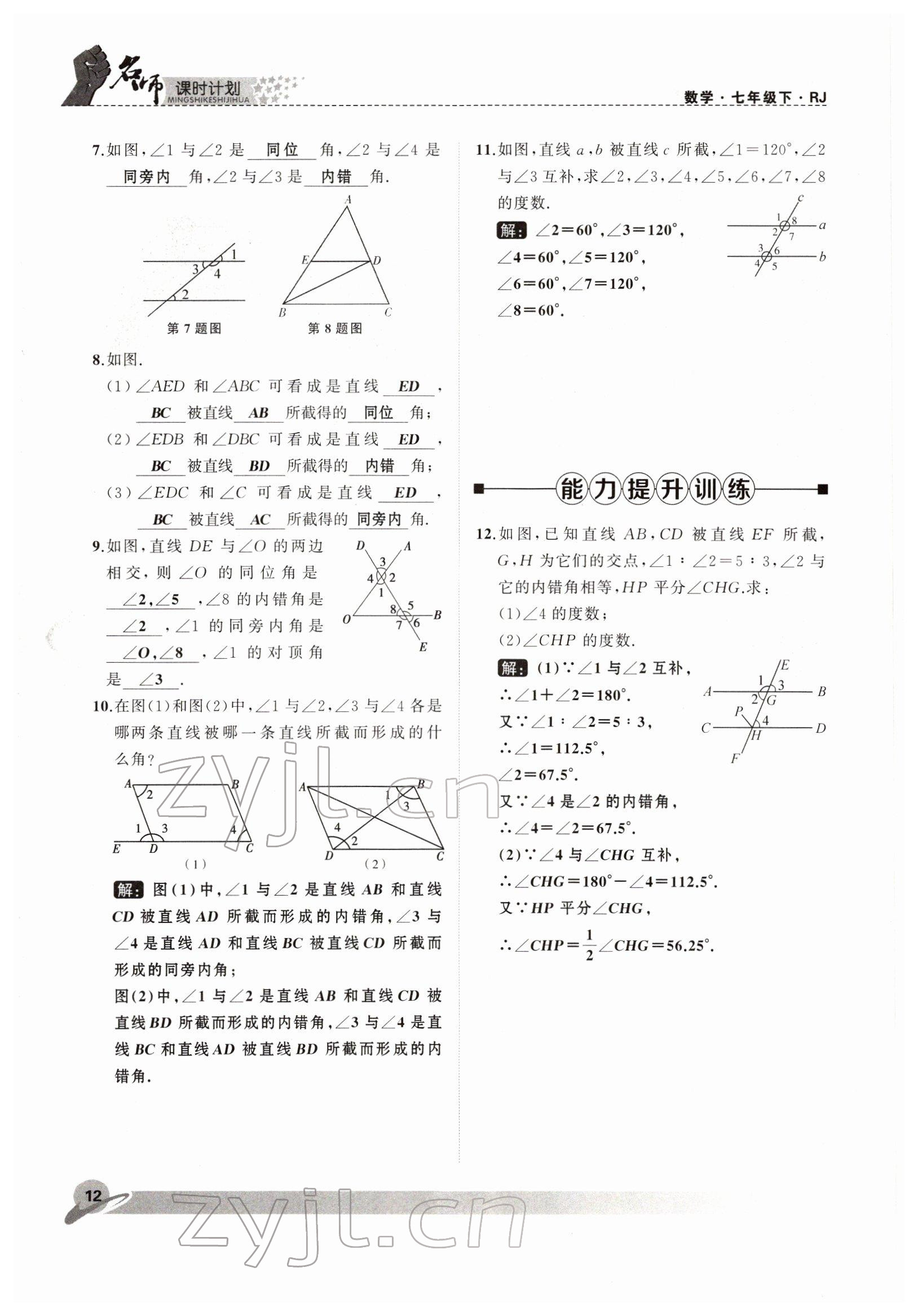 2022年名师课时计划七年级数学下册人教版 参考答案第12页