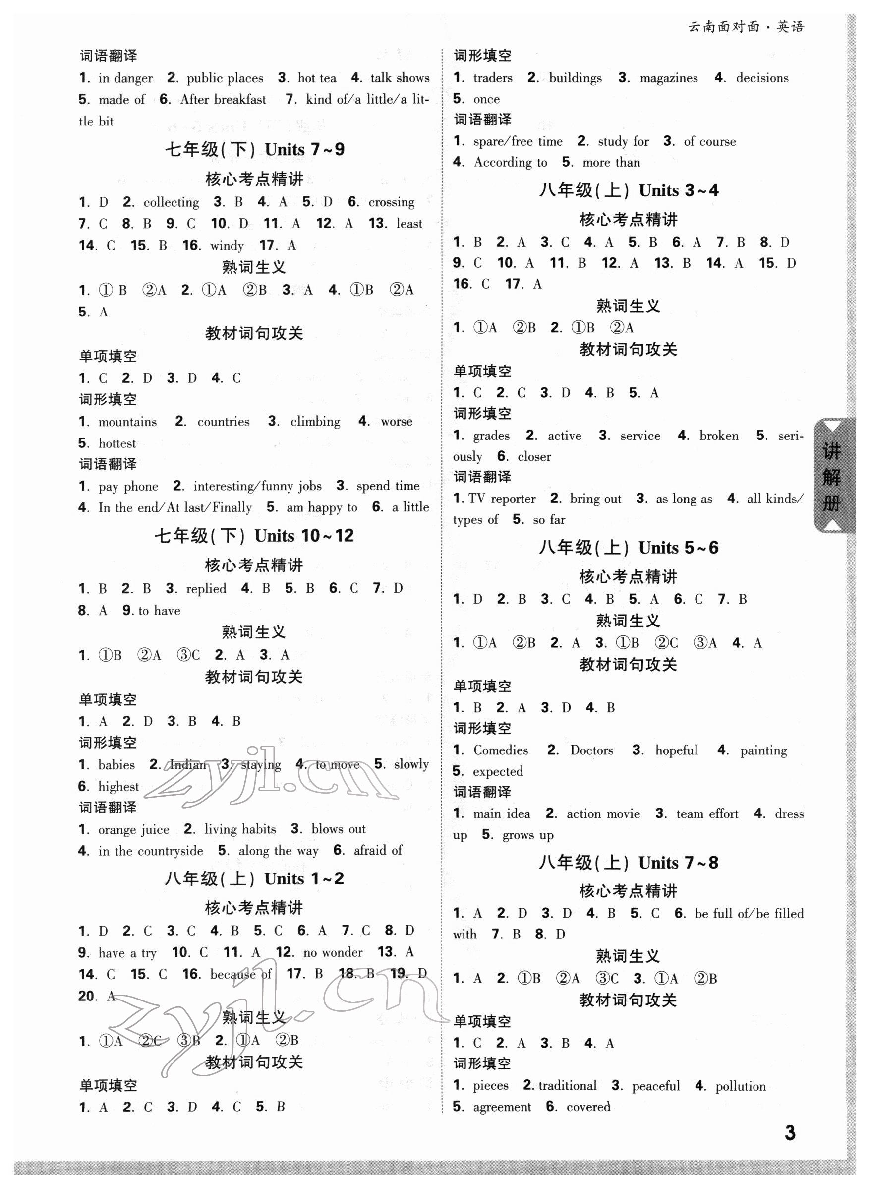 2022年中考面对面英语云南专版 参考答案第2页