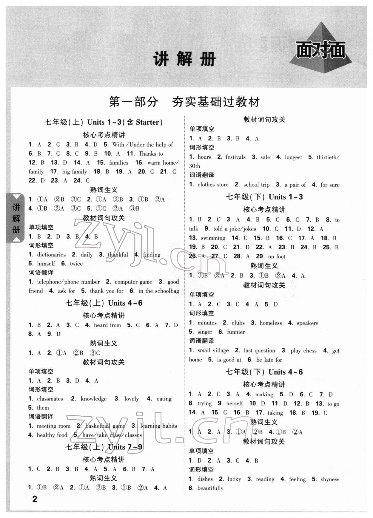 2022年中考面对面英语云南专版 参考答案第1页