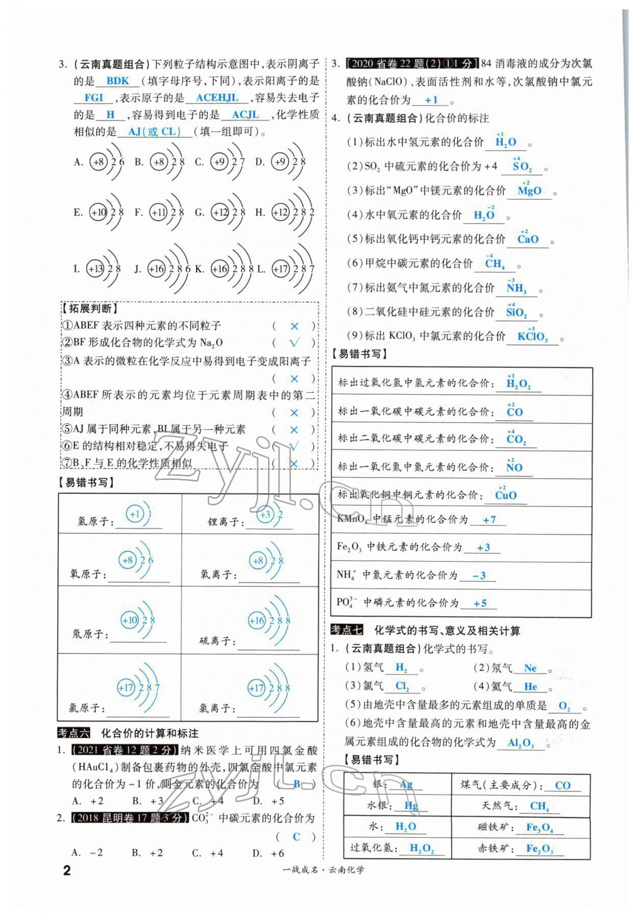 2022年一戰(zhàn)成名考前新方案化學(xué)云南專版 參考答案第2頁