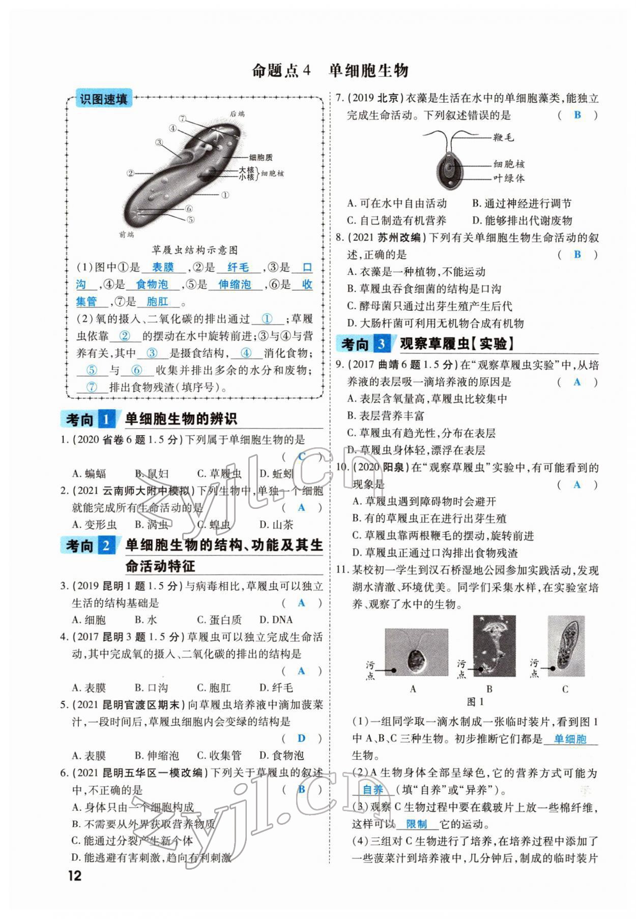 2022年一战成名考前新方案生物云南专版 参考答案第19页