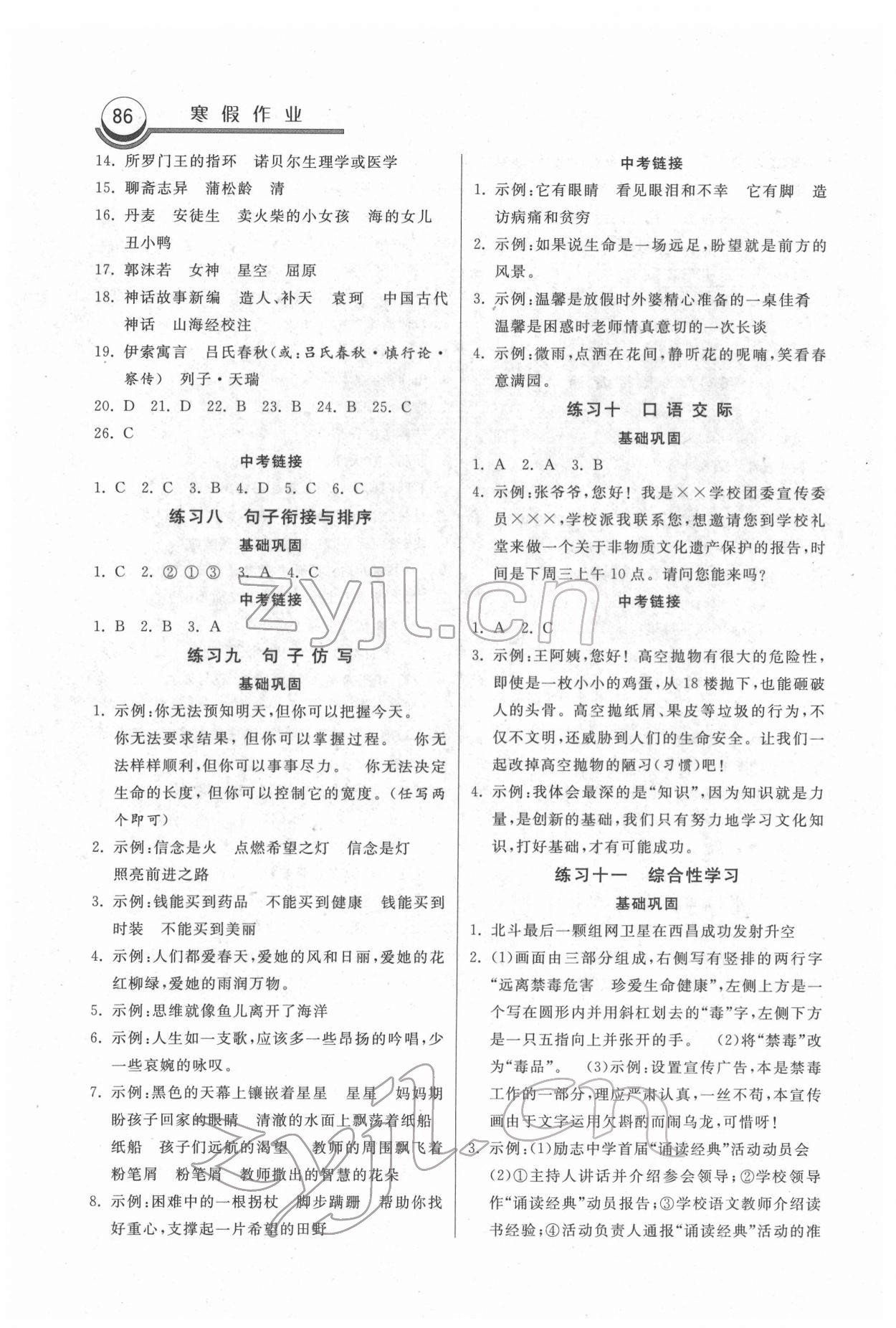 2022年一路领先寒假作业七年级语文河北美术出版社 参考答案第3页