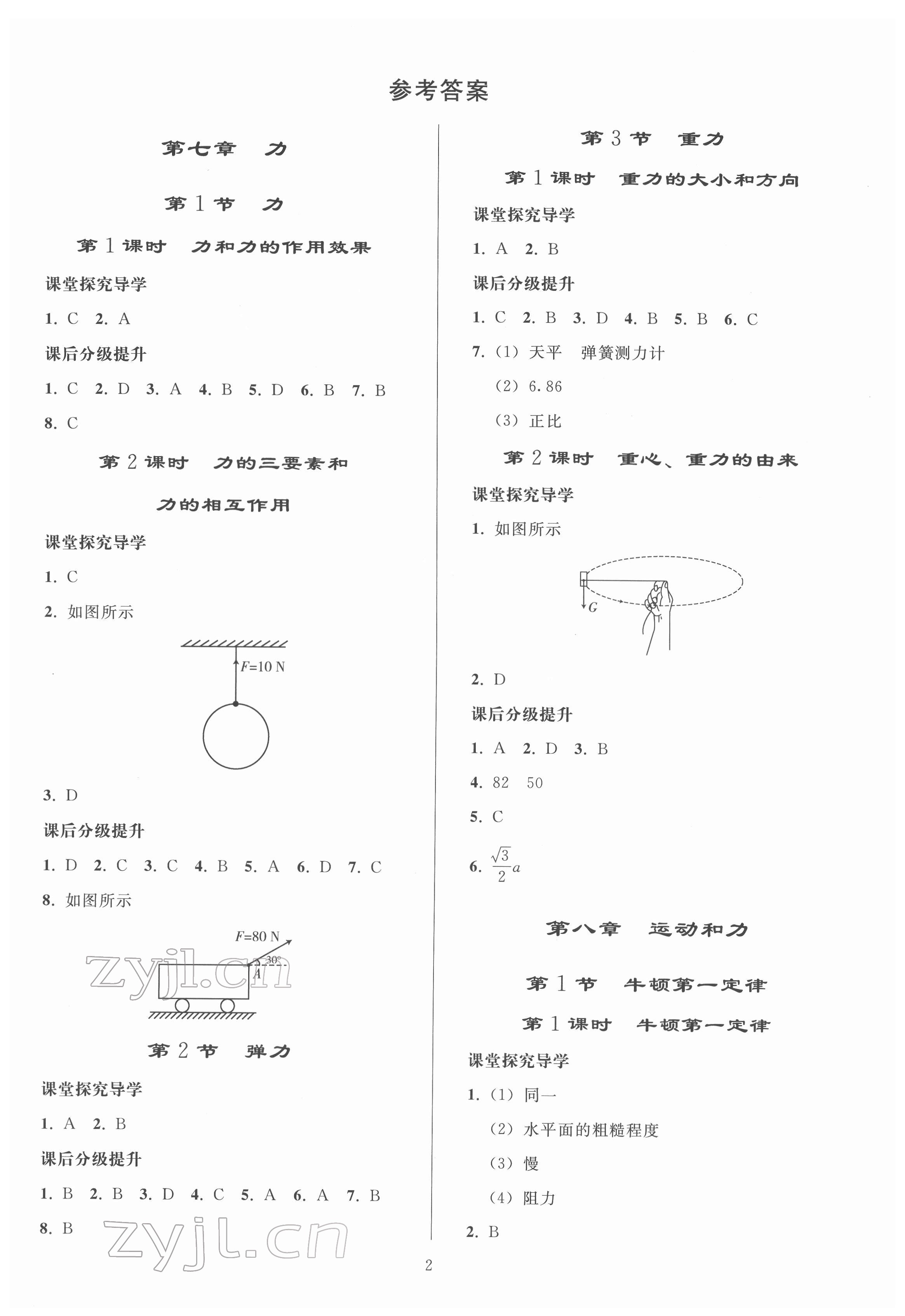 2022年同步練習(xí)冊人民教育出版社八年級(jí)物理下冊人教版山東專版 參考答案第1頁