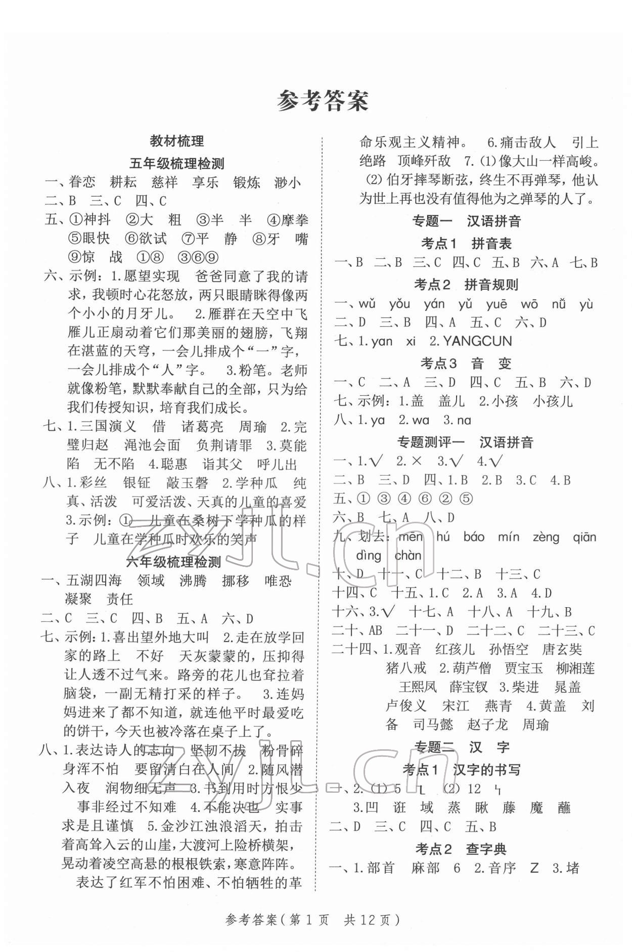 2022年新领程小学总复习高效练案六年级语文人教版 第1页