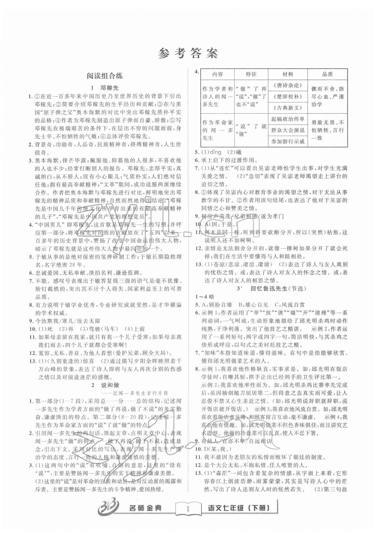 2022年名師金典BFB初中課時(shí)優(yōu)化七年級(jí)語(yǔ)文下冊(cè)人教版 參考答案第1頁(yè)