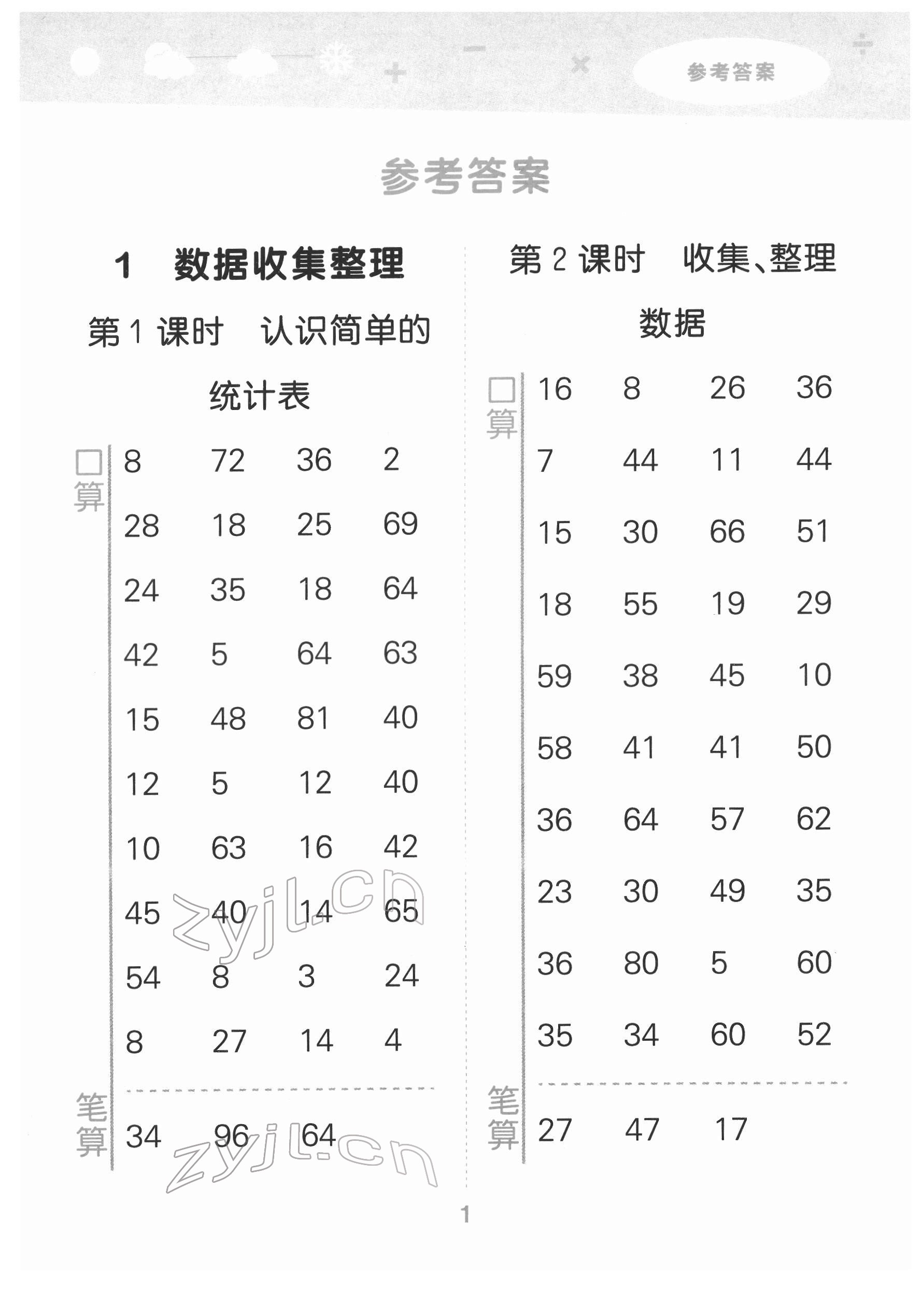 2022年口算大通關二年級數(shù)學下冊人教版 參考答案第1頁