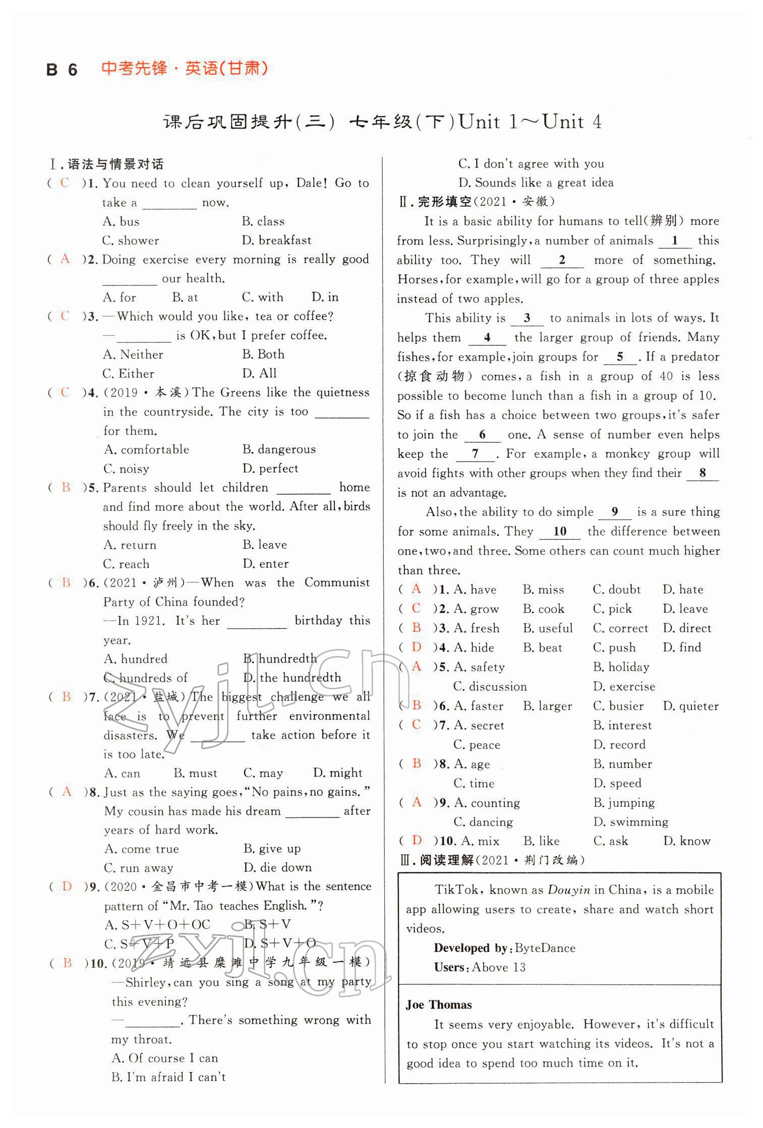2022年中考先鋒英語甘肅專版吉林出版集團 參考答案第25頁