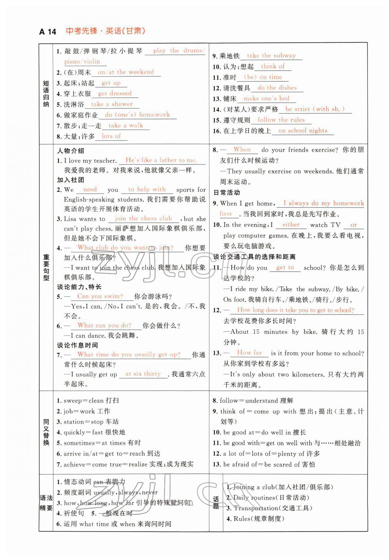 2022年中考先鋒英語甘肅專版吉林出版集團 參考答案第38頁