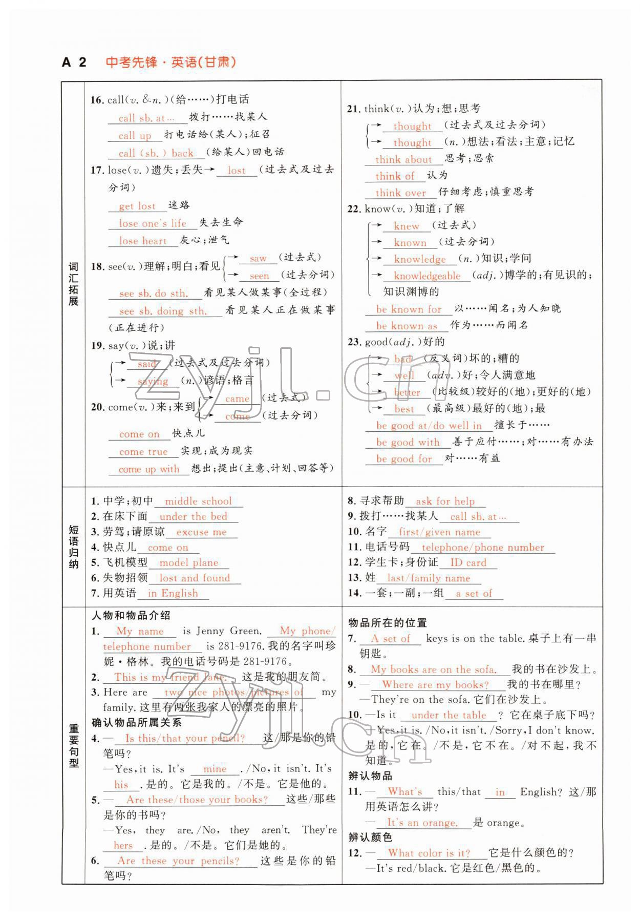 2022年中考先鋒英語甘肅專版吉林出版集團 參考答案第3頁