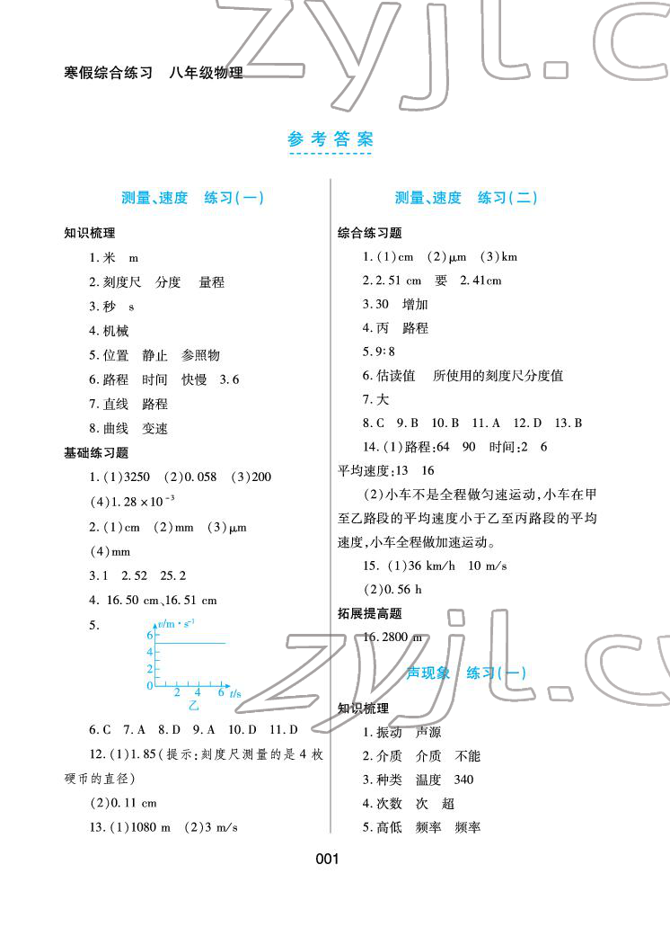 2022年寒假综合练习八年级物理 参考答案第1页