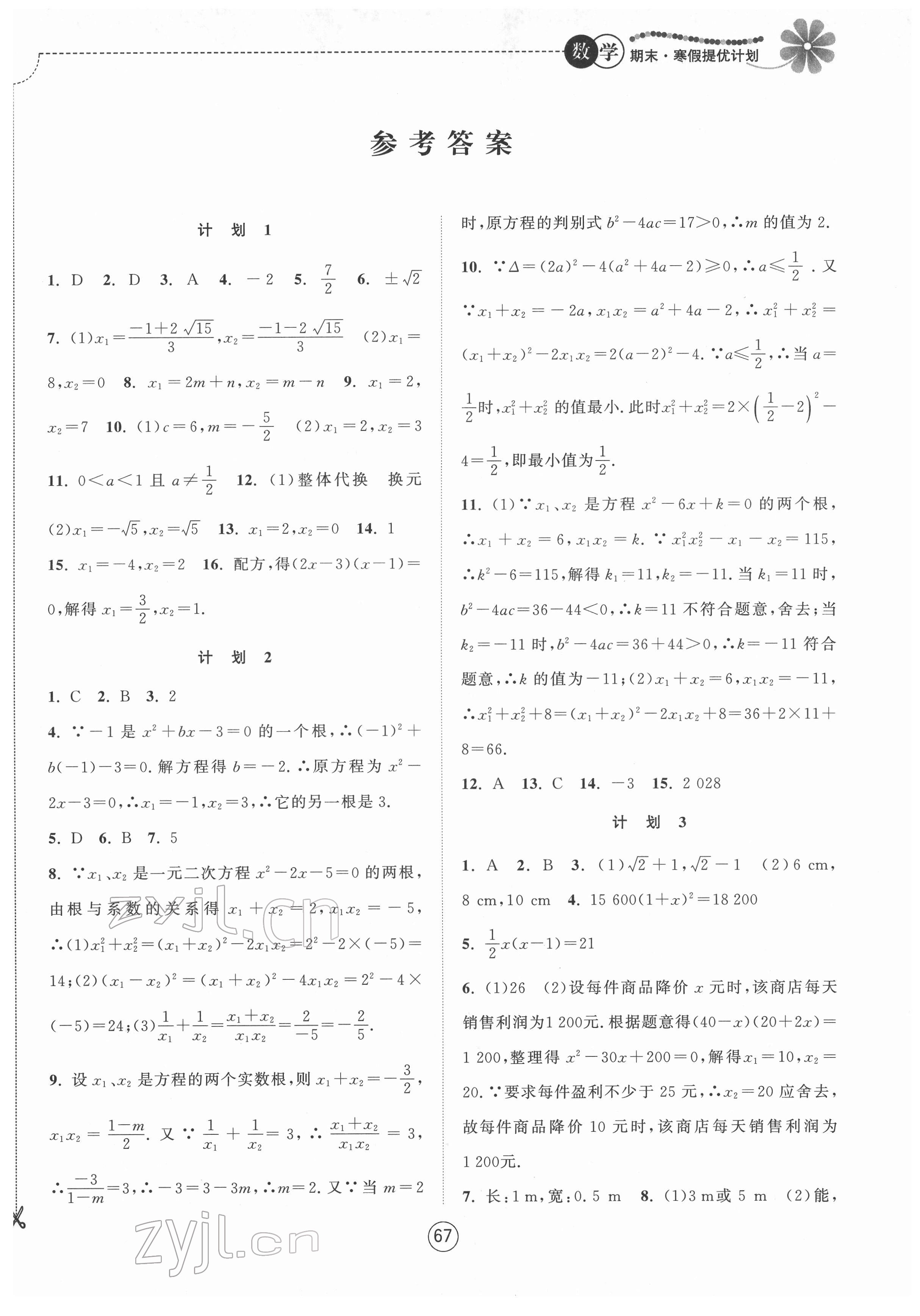 2022年期末寒假提优计划九年级数学苏科版 第1页