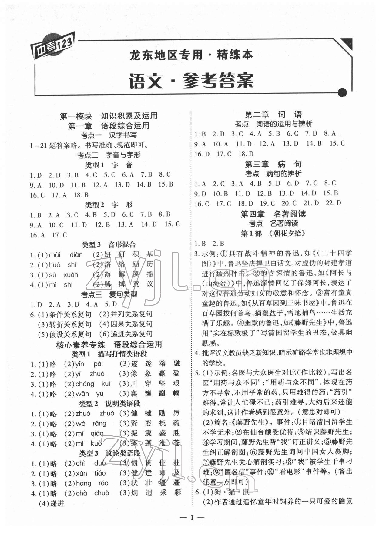 2022年中考123基础章节总复习语文龙东专版 第1页