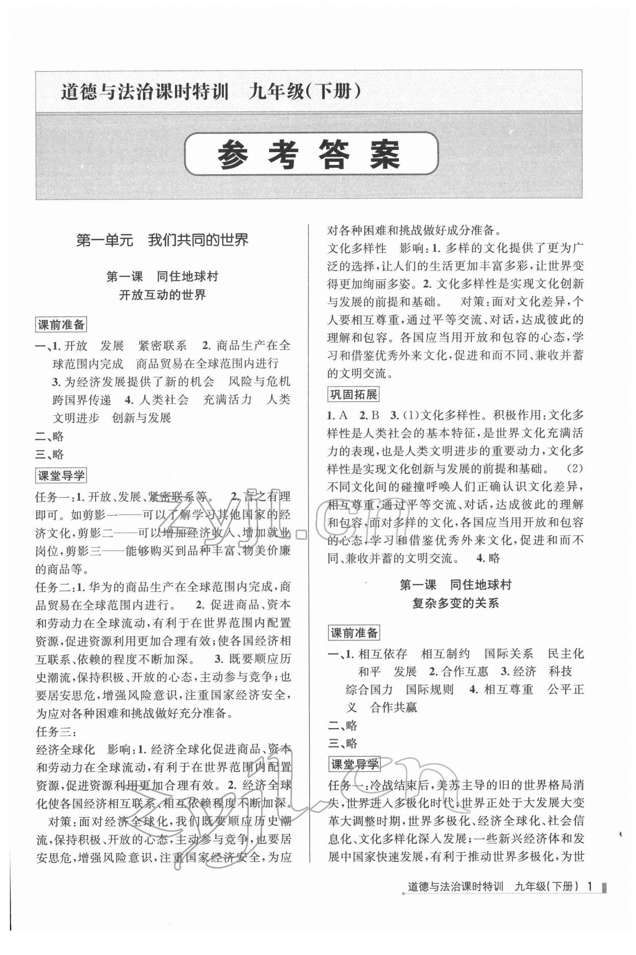 2022年浙江新課程三維目標(biāo)測評課時特訓(xùn)九年級道德與法治下冊人教版 第1頁