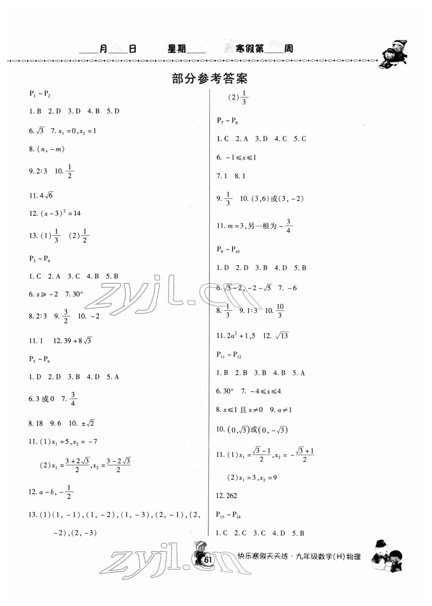 2022年快乐寒假天天练九年级数学物理 第1页