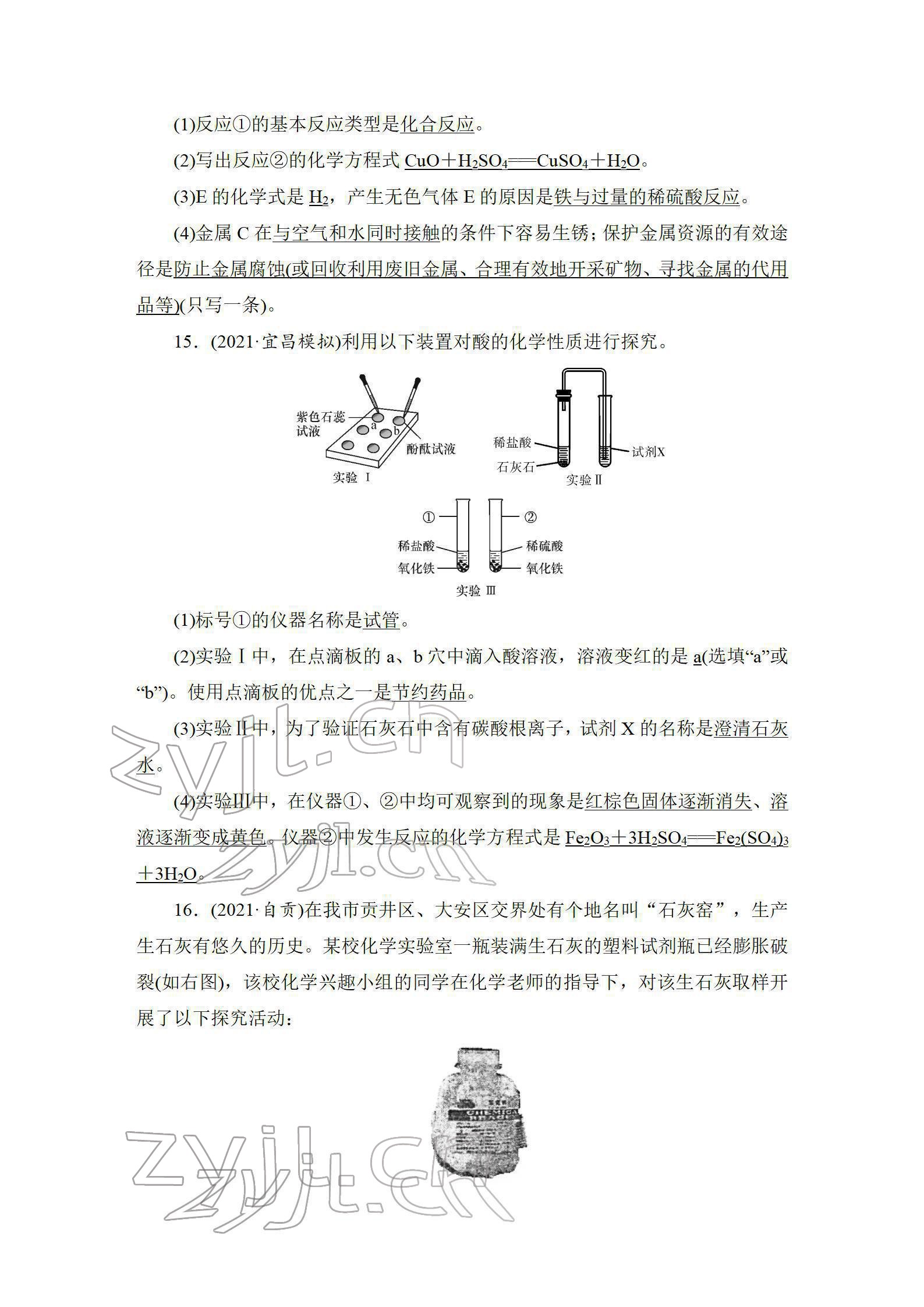 2022年中考复习指南长江少年儿童出版社化学中考人教版 参考答案第46页