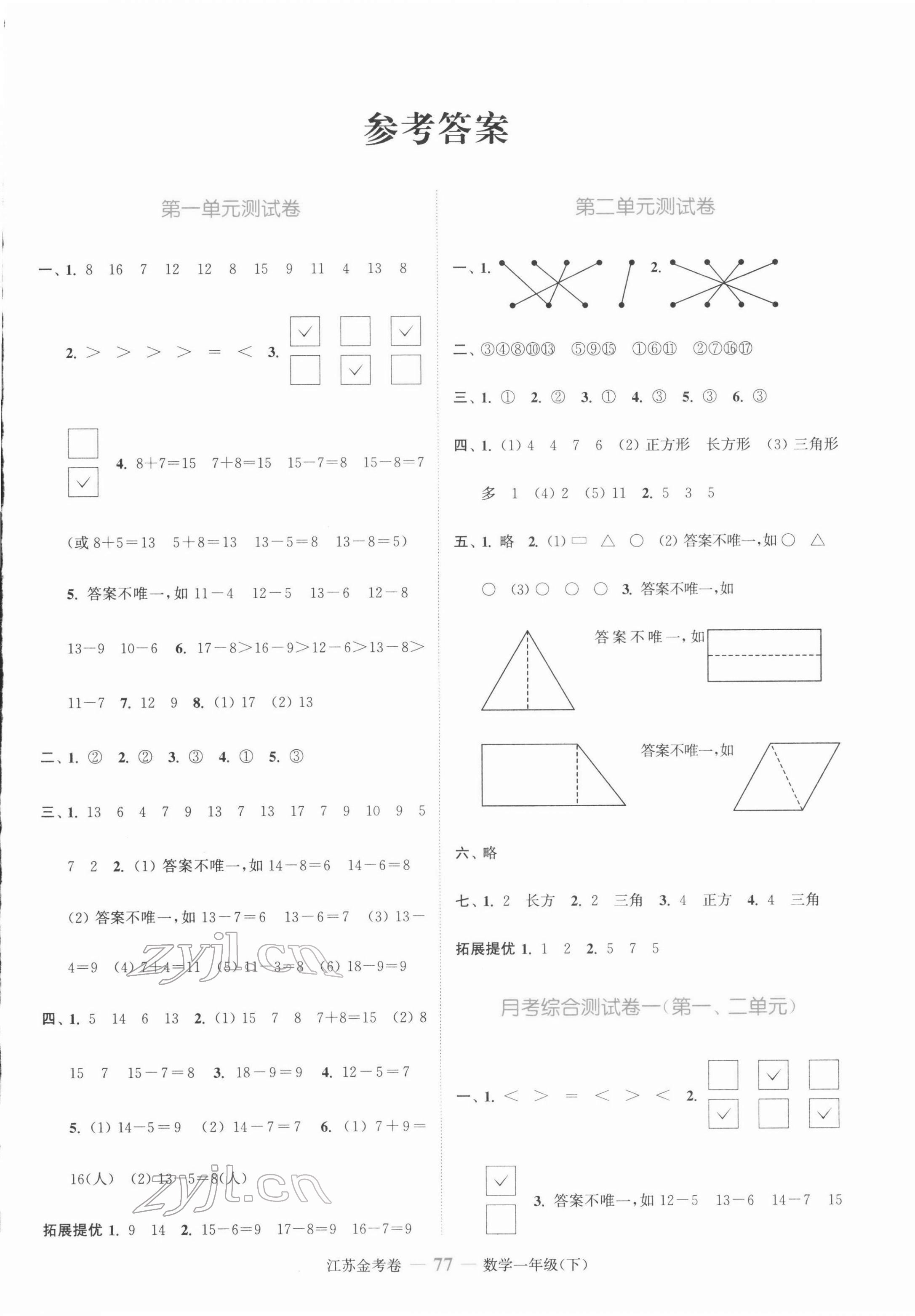 2022年江蘇金考卷一年級(jí)數(shù)學(xué)下冊(cè)蘇教版 參考答案第1頁(yè)