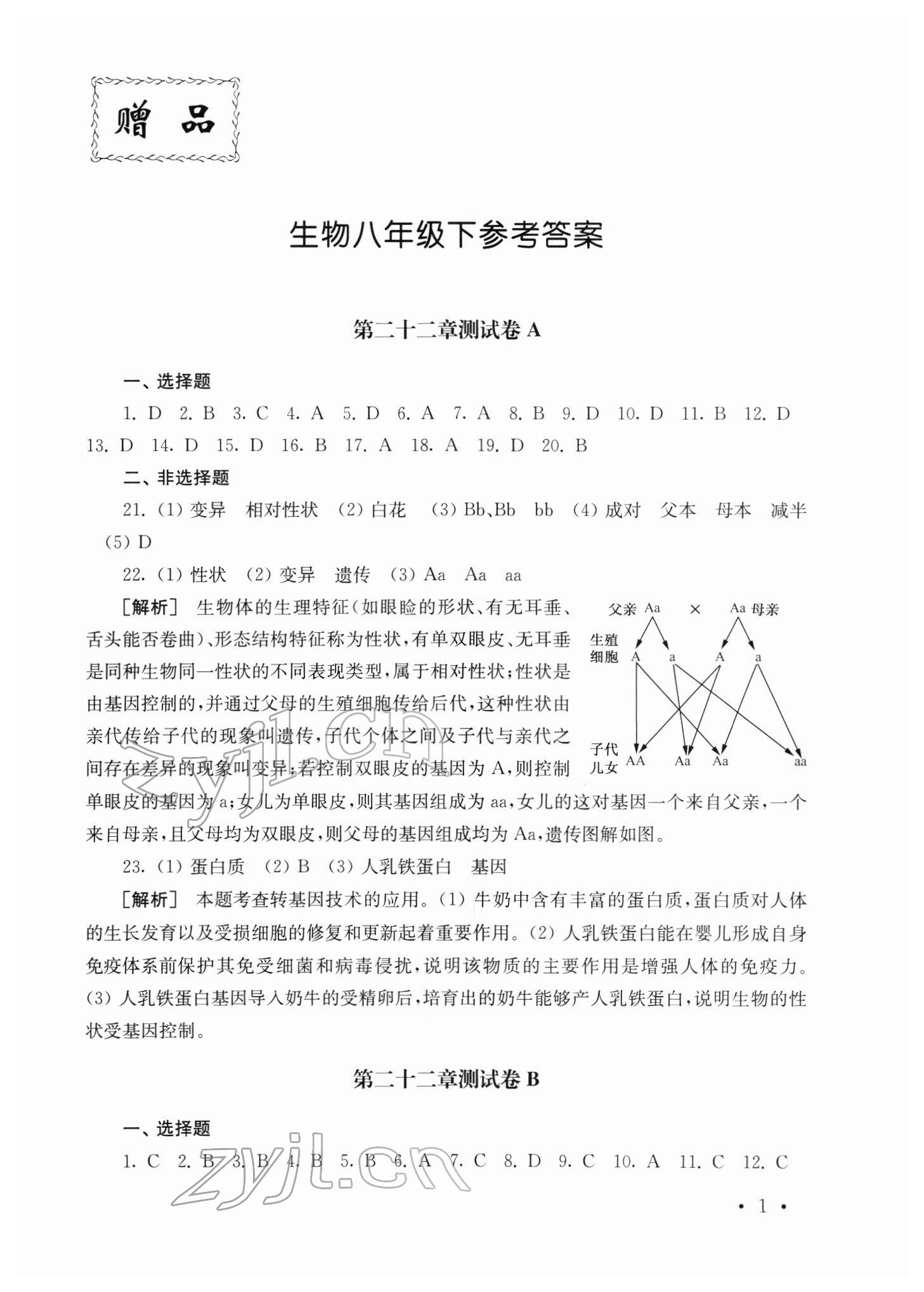 2022年創(chuàng)新優(yōu)化訓(xùn)練單元測試卷八年級生物下冊蘇科版 參考答案第1頁