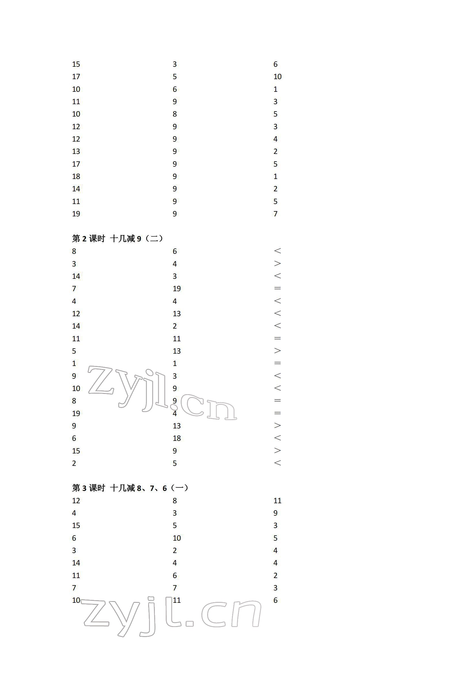 2022年小學(xué)數(shù)學(xué)口算速算心算一年級(jí)下冊(cè)人教版 參考答案第3頁