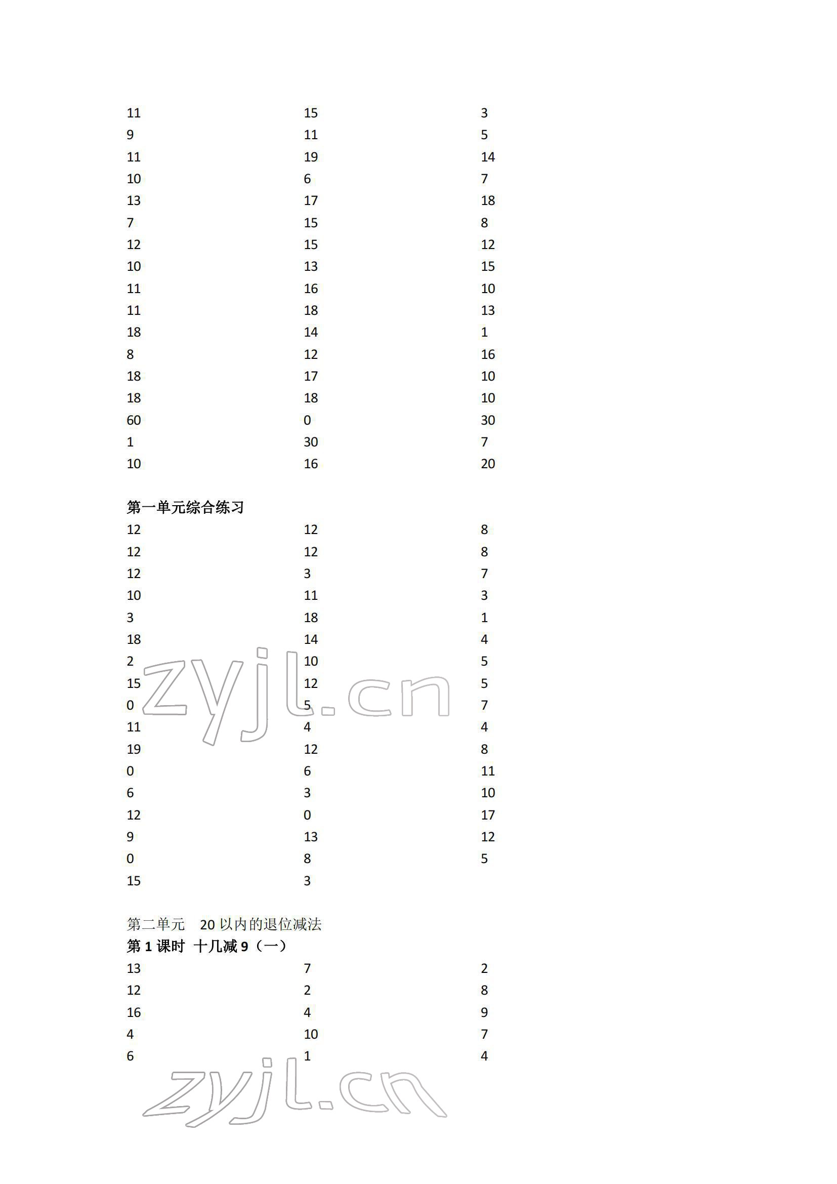 2022年小學(xué)數(shù)學(xué)口算速算心算一年級下冊人教版 參考答案第2頁