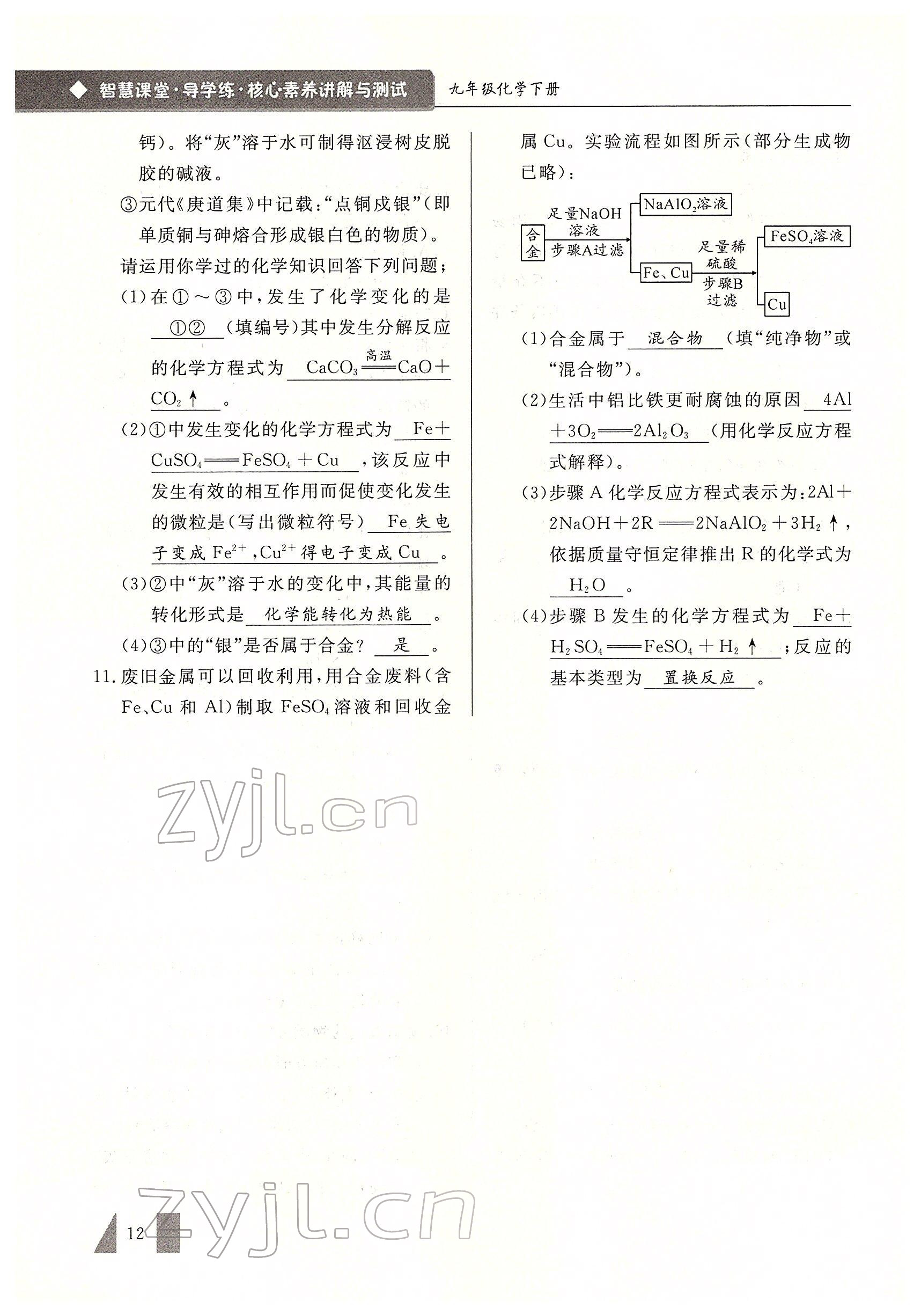 2022年智慧課堂九年級(jí)化學(xué)下冊(cè)人教版 參考答案第12頁(yè)