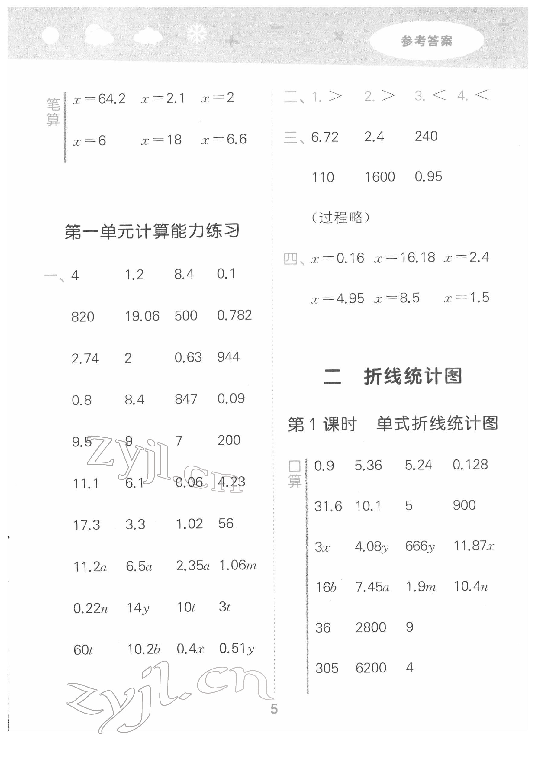 2022年口算大通关五年级数学下册苏教版 参考答案第5页