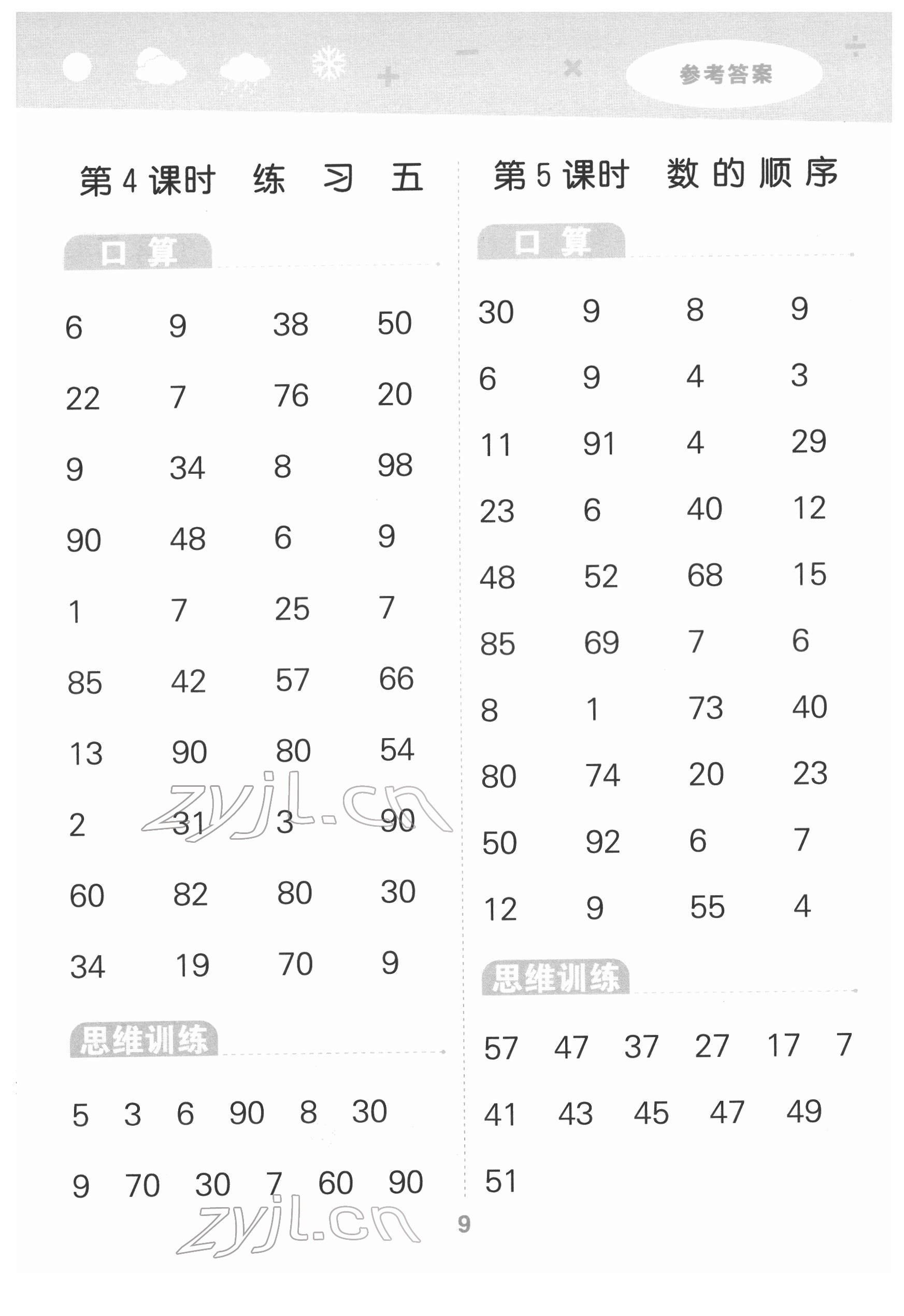 2022年口算大通關(guān)一年級(jí)數(shù)學(xué)下冊(cè)蘇教版 參考答案第9頁