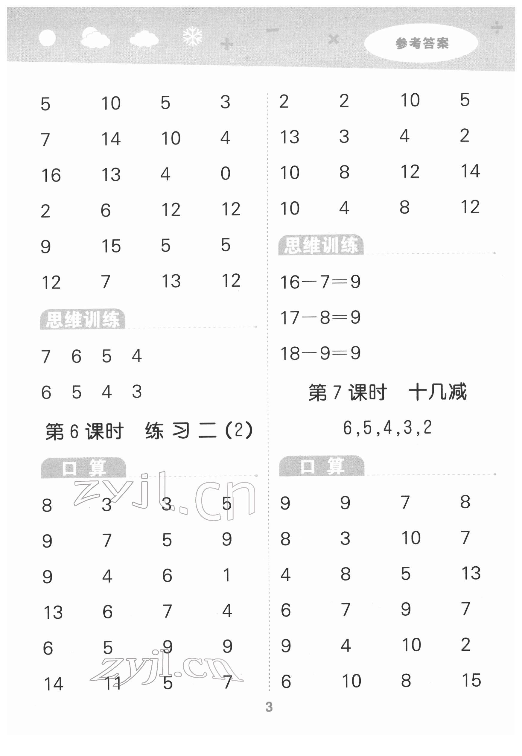 2022年口算大通關(guān)一年級(jí)數(shù)學(xué)下冊(cè)蘇教版 參考答案第3頁(yè)