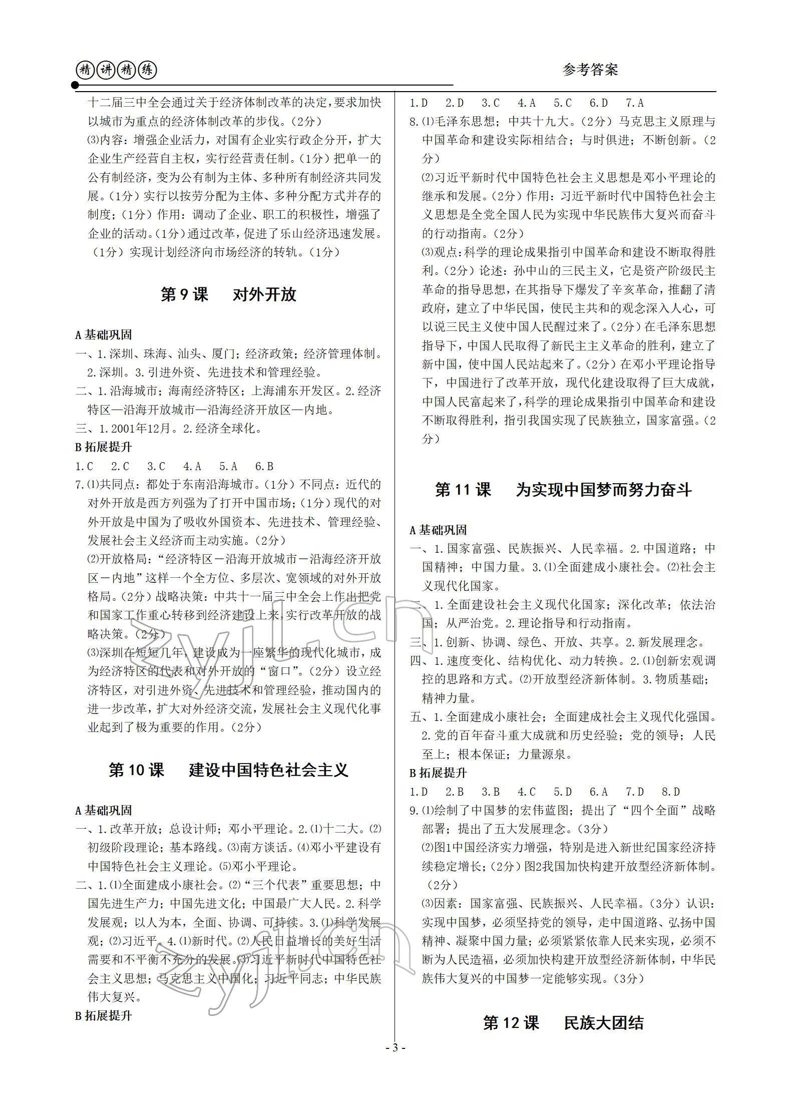 2022年精講精練八年級歷史下冊人教版 參考答案第3頁