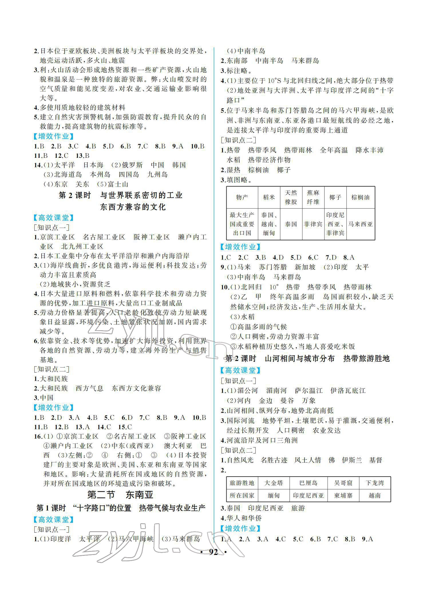 2022年人教金学典同步解析与测评七年级地理下册人教版重庆专版 参考答案第2页