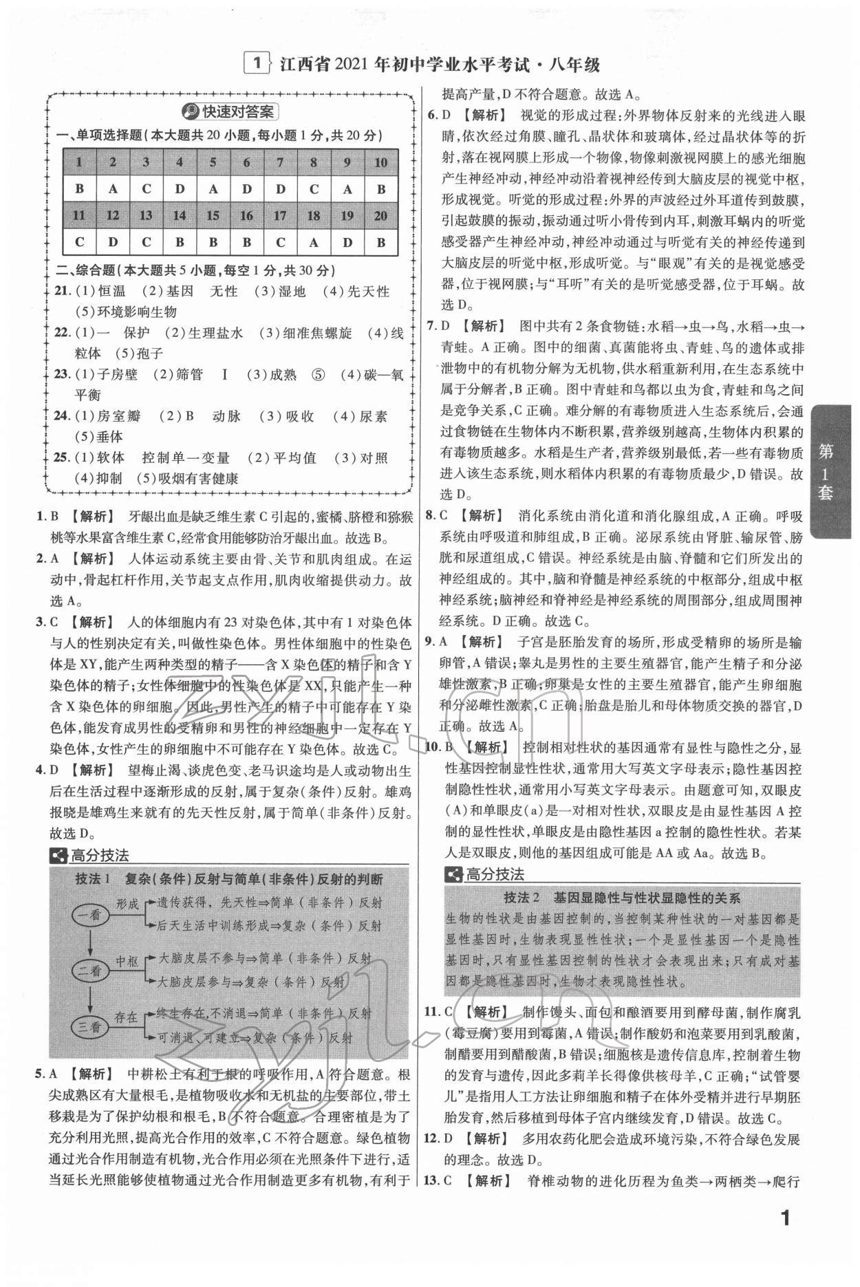 2022年金考卷江西中考45套匯編生物人教版 參考答案第1頁