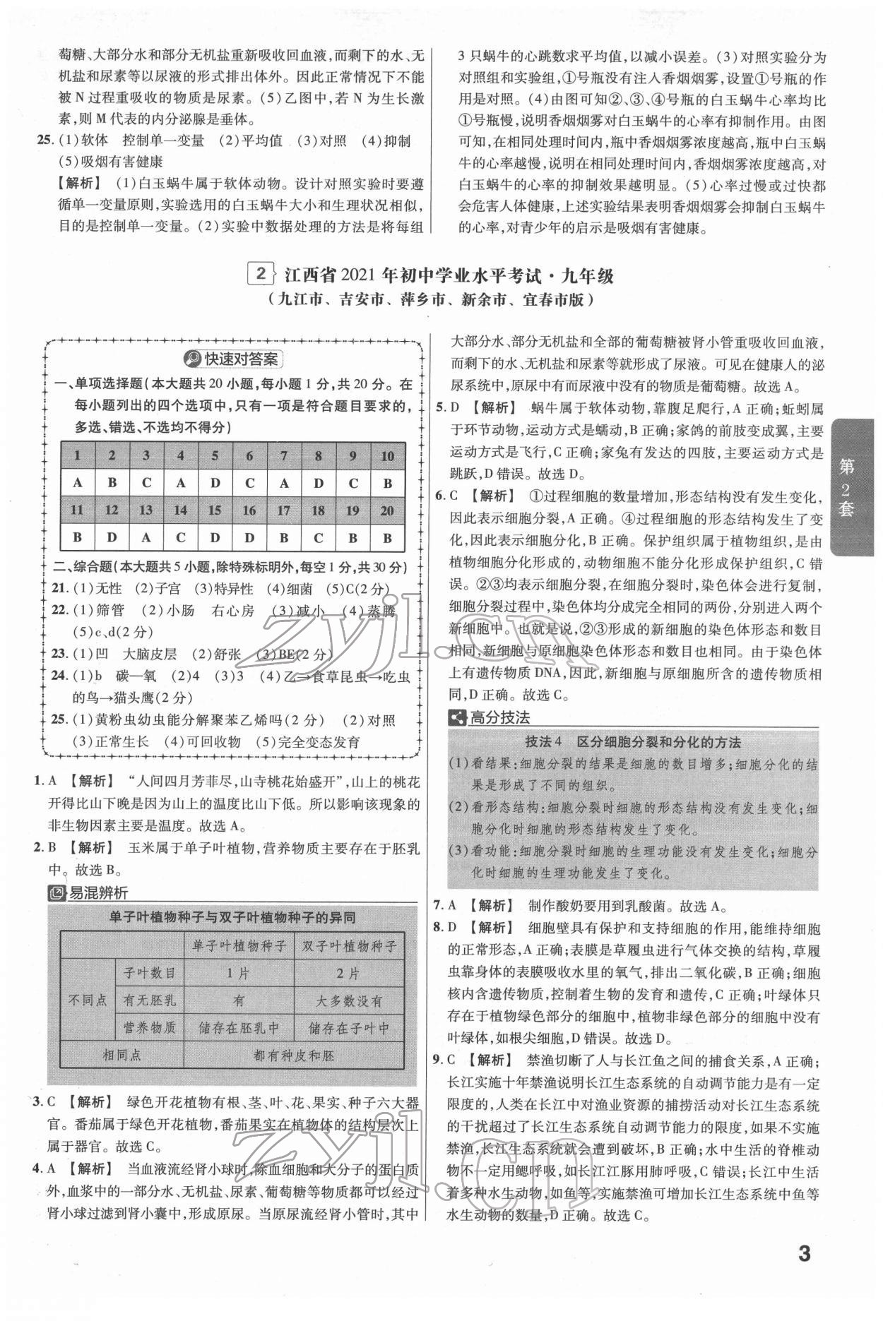 2022年金考卷江西中考45套匯編生物人教版 參考答案第3頁(yè)