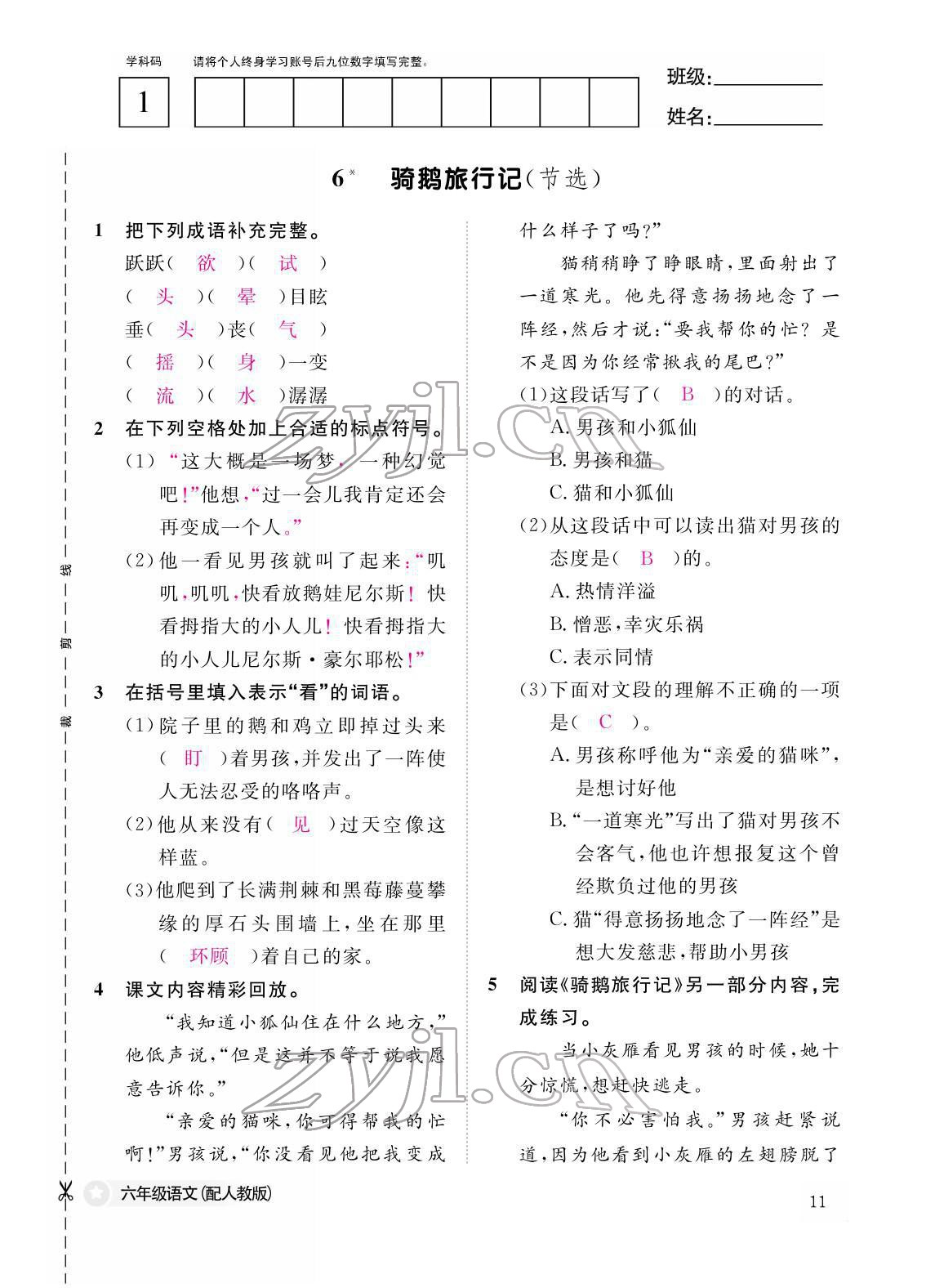 2022年作業(yè)本江西教育出版社六年級語文下冊人教版 第11頁