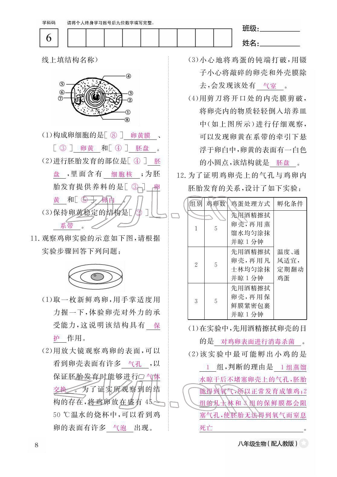 2022年作業(yè)本江西教育出版社八年級生物下冊人教版 參考答案第8頁