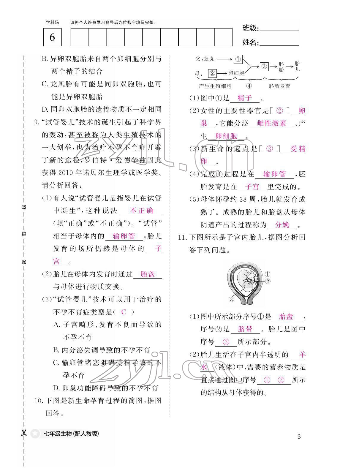 2022年作業(yè)本江西教育出版社七年級(jí)生物下冊人教版 參考答案第3頁