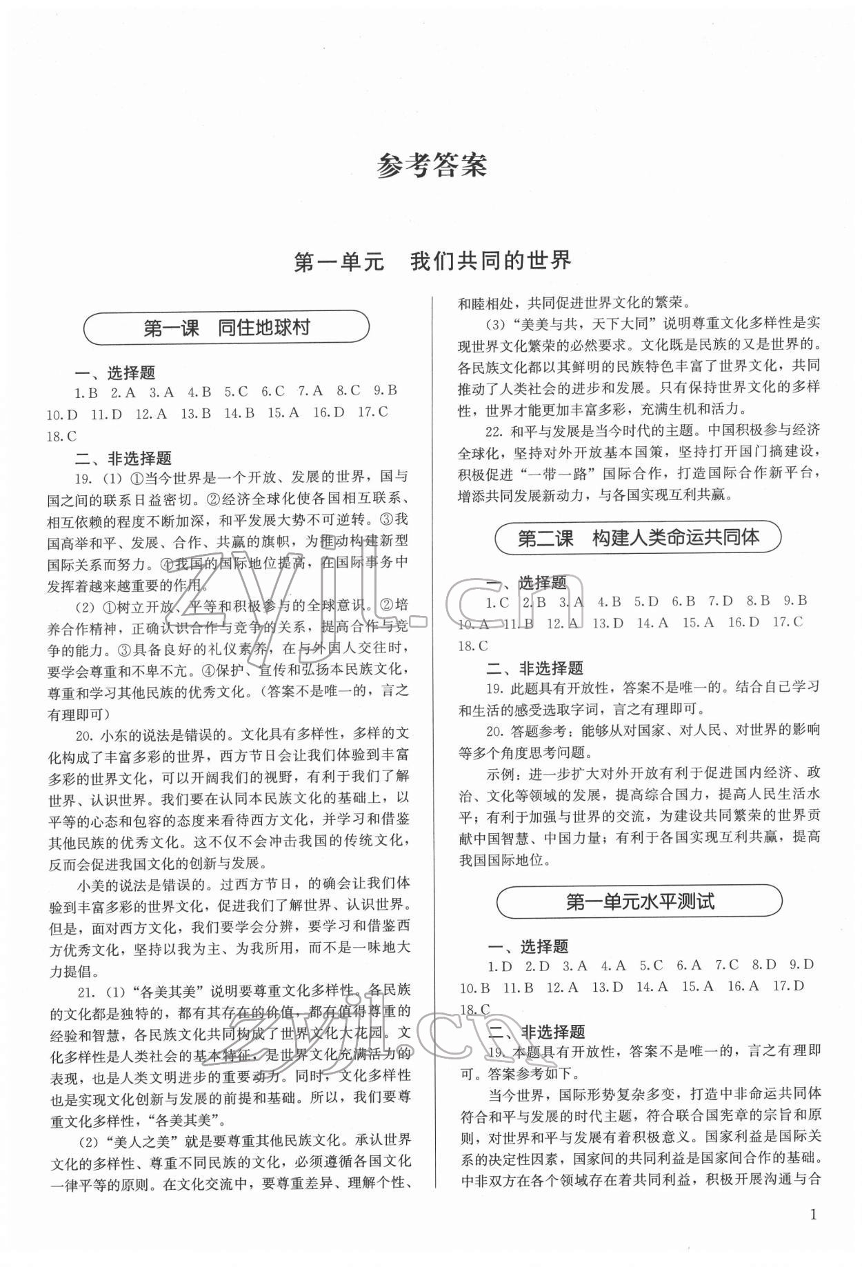 2022年補(bǔ)充習(xí)題九年級道德與法治下冊人教版人民教育出版社 第1頁