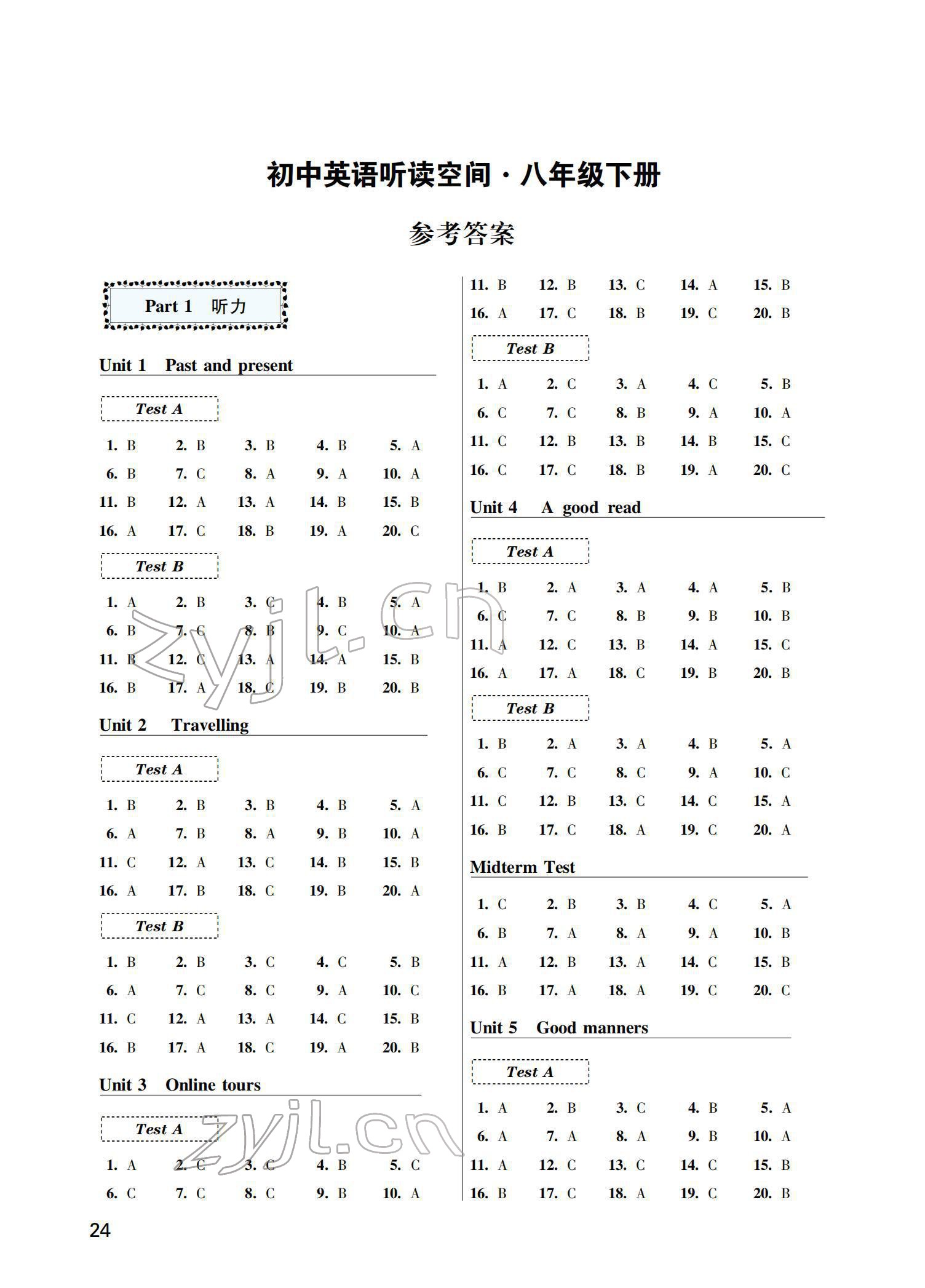 2022年初中英語聽讀空間八年級下冊譯林版 參考答案第1頁