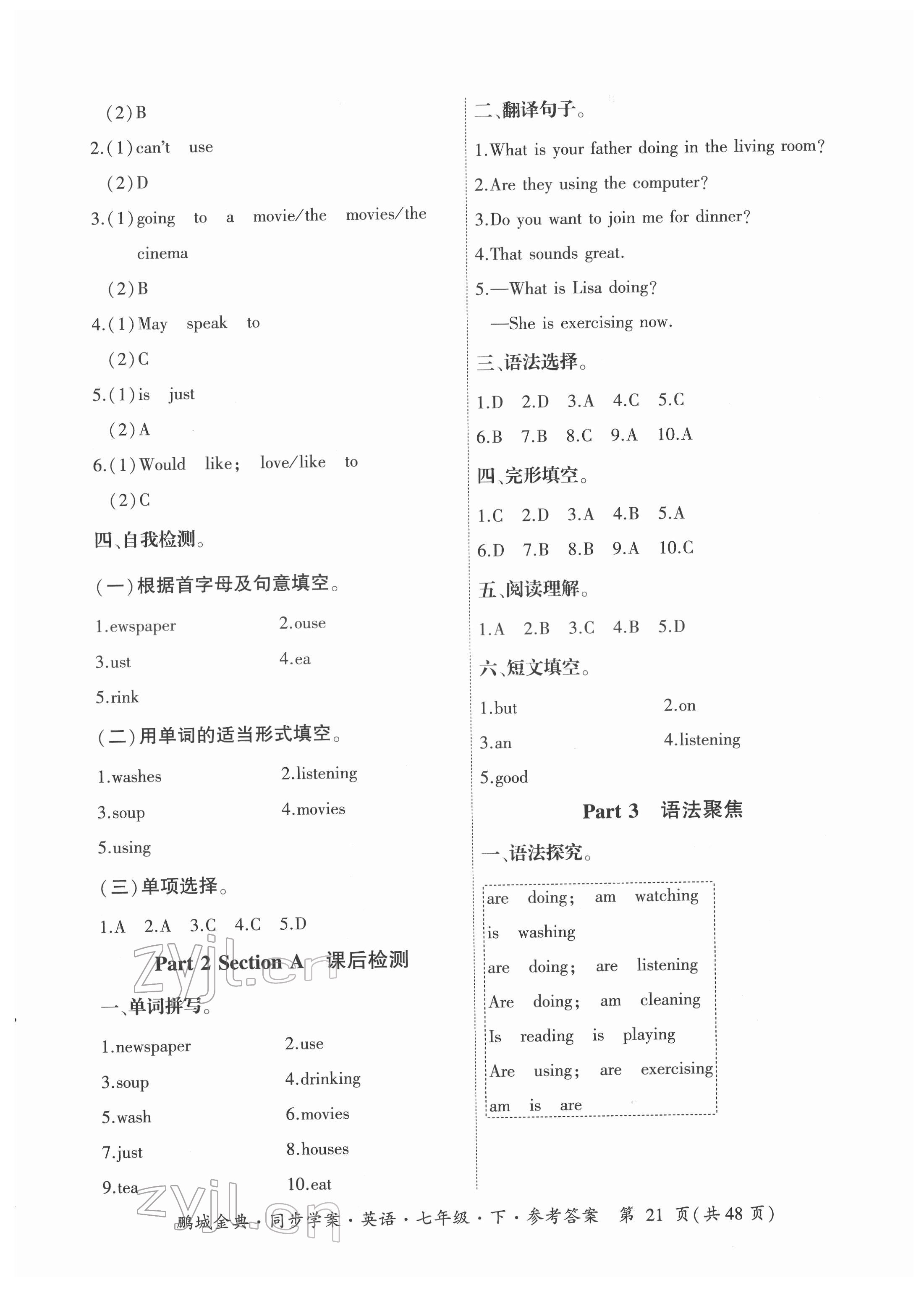 2022年名師幫同步學(xué)案七年級英語下冊人教版廣東專版 參考答案第21頁