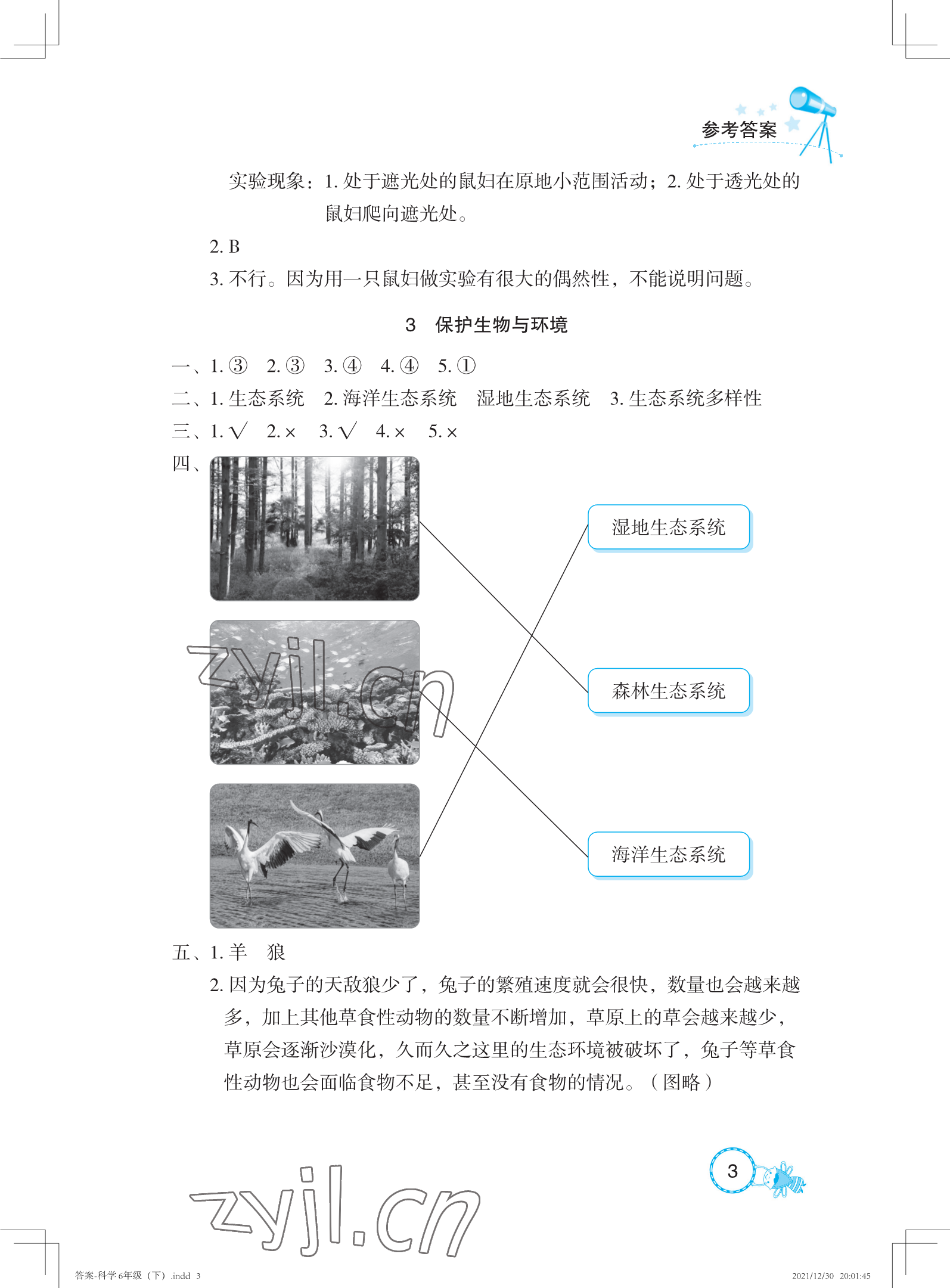 2022年長江作業(yè)本課堂作業(yè)六年級科學(xué)下冊鄂教版 參考答案第3頁