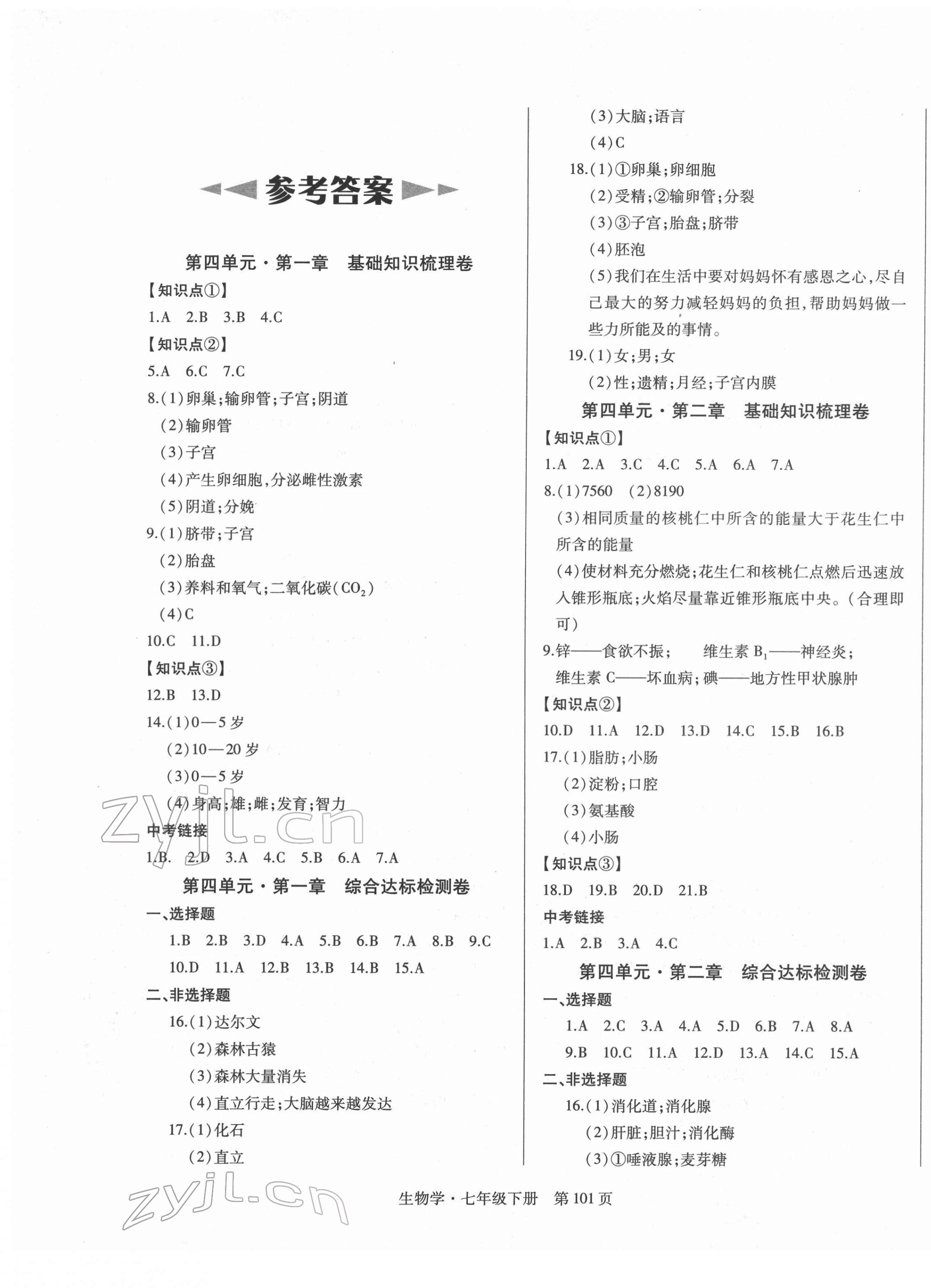 2022年初中同步练习册自主测试卷七年级生物下册人教版 参考答案第1页