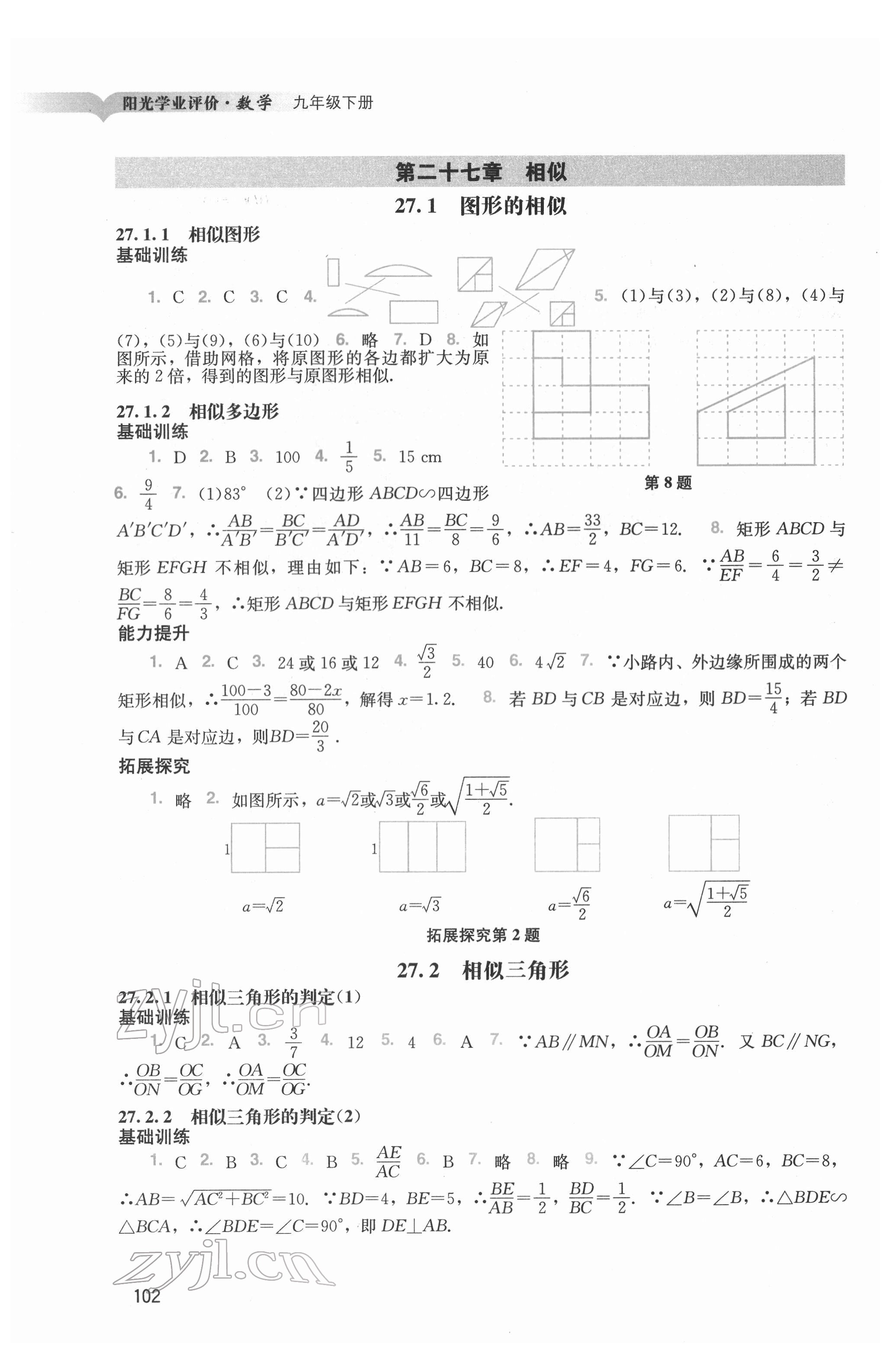 2022年陽光學(xué)業(yè)評價(jià)九年級數(shù)學(xué)下冊人教版 參考答案第3頁