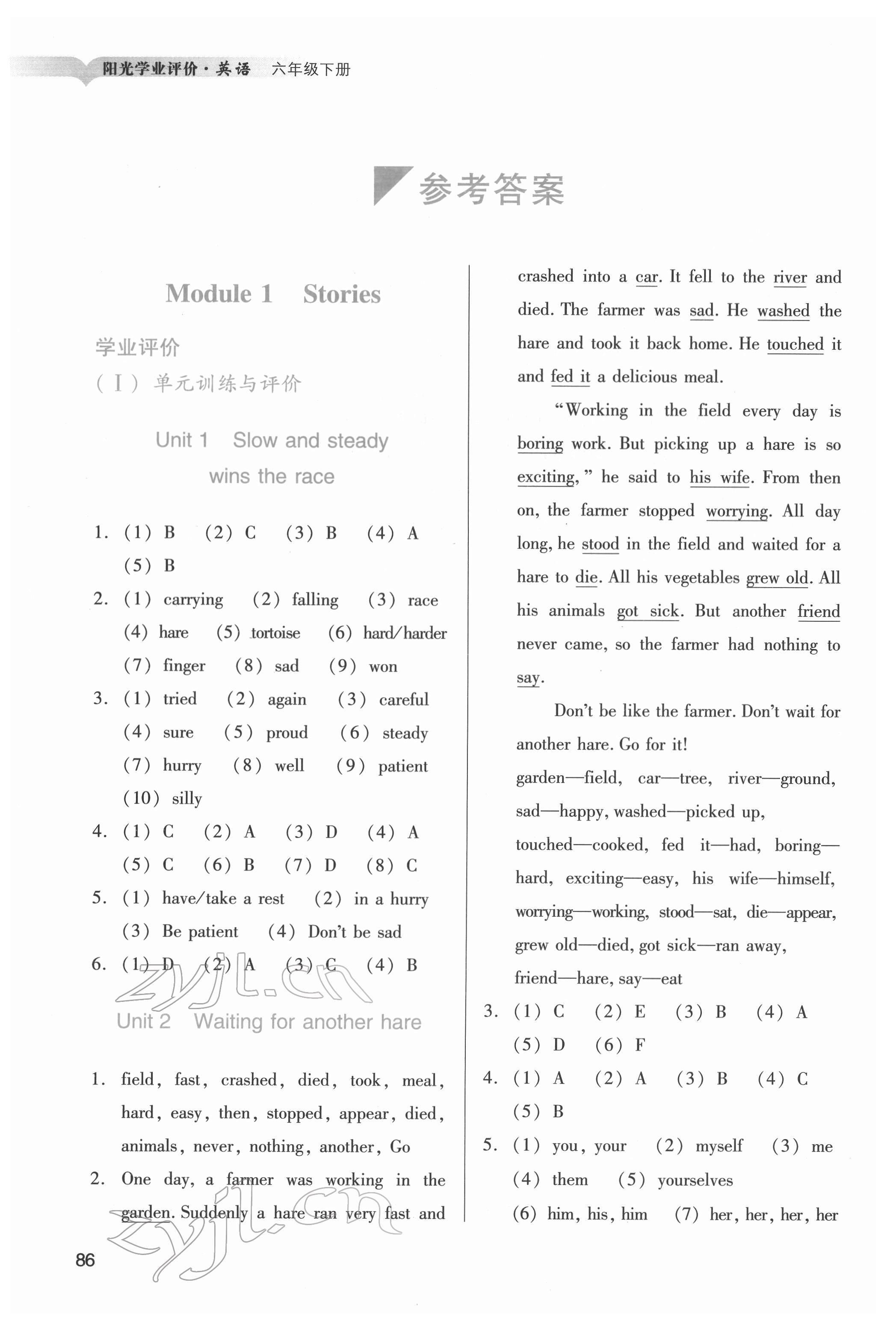 2022年陽光學業(yè)評價六年級英語下冊教科版 參考答案第1頁