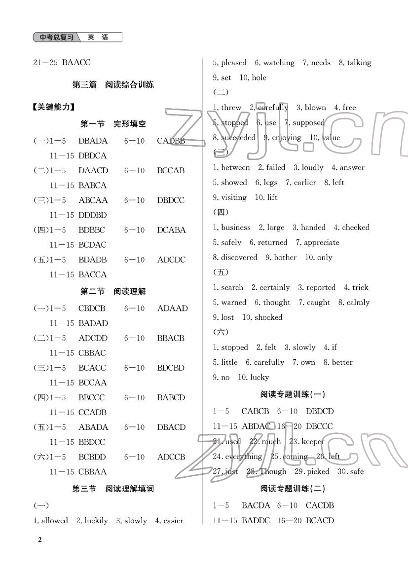 2022年中考總復(fù)習(xí)武漢出版社英語 參考答案第2頁