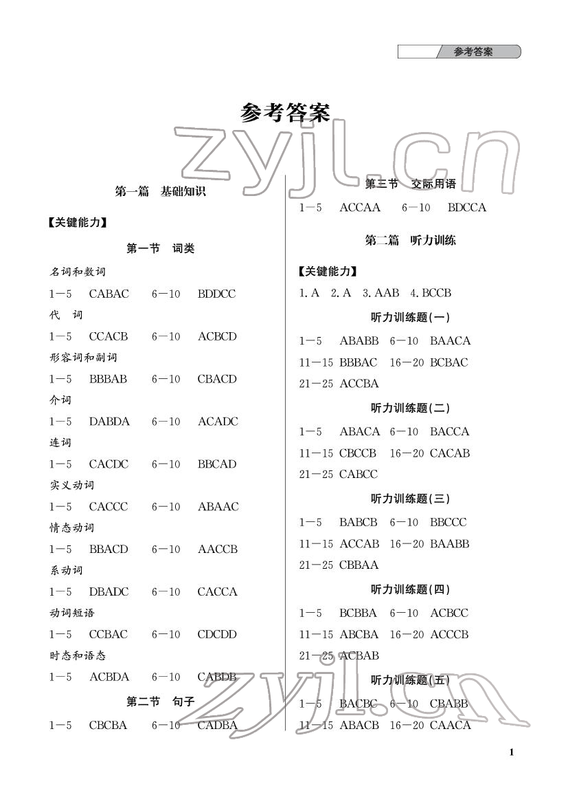 2022年中考總復(fù)習(xí)武漢出版社英語(yǔ) 參考答案第1頁(yè)